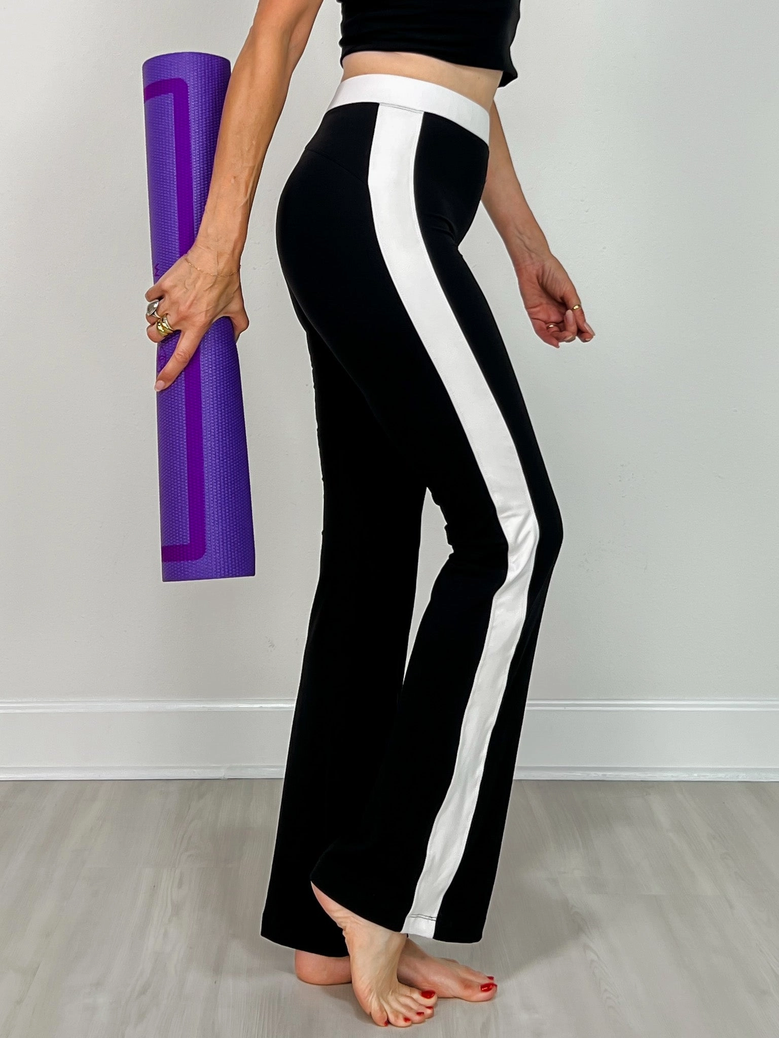 Butter Soft Side Stripe Flare Leggings in Black White Light Wear