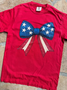 MultiPurposeUtility Embroidery Look Bow with Stars and Stripes Graphic Tee