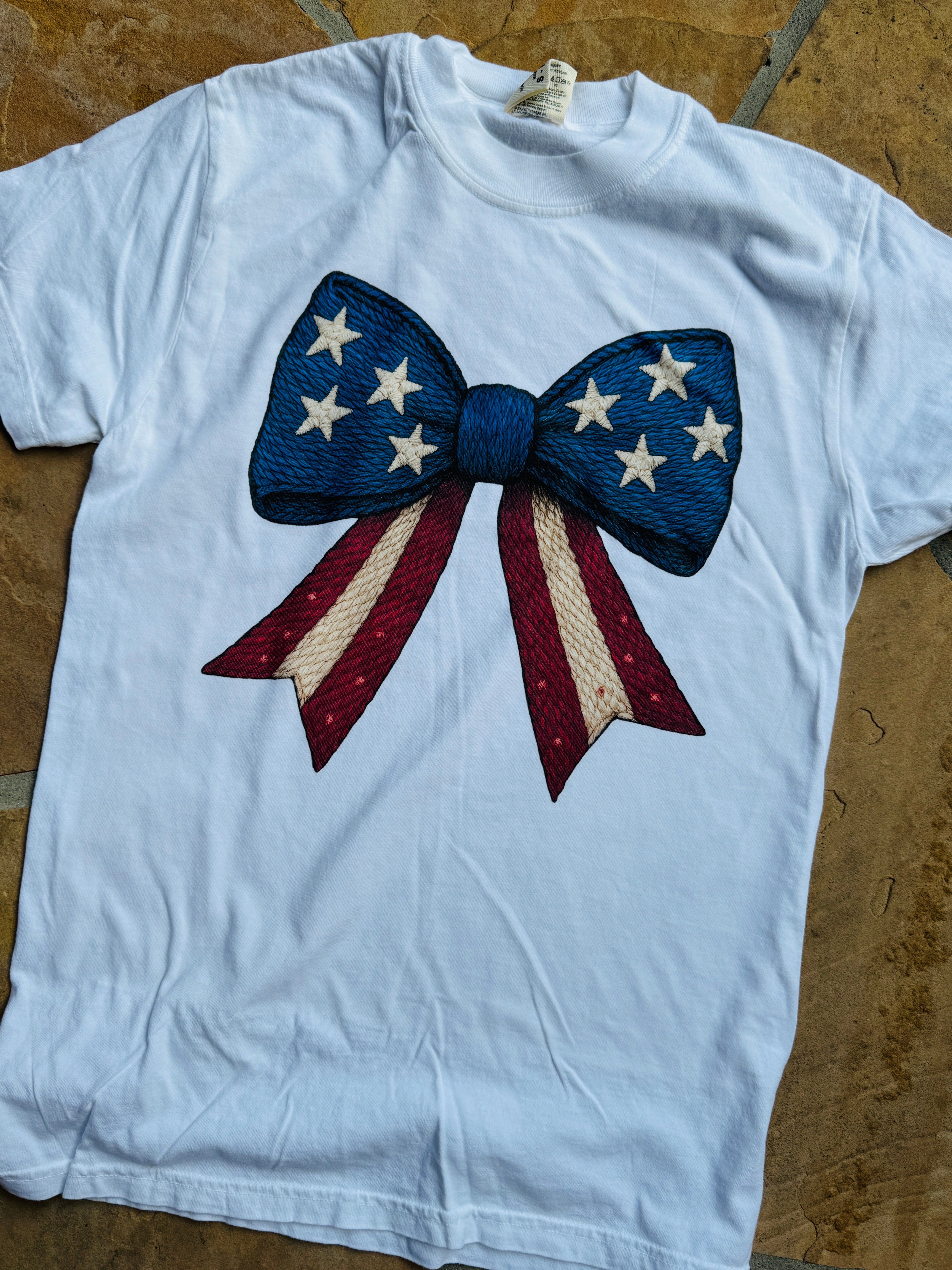 Non Chafe Armholes OdorResistant Coating Embroidery Look Bow with Stars and Stripes Graphic Tee