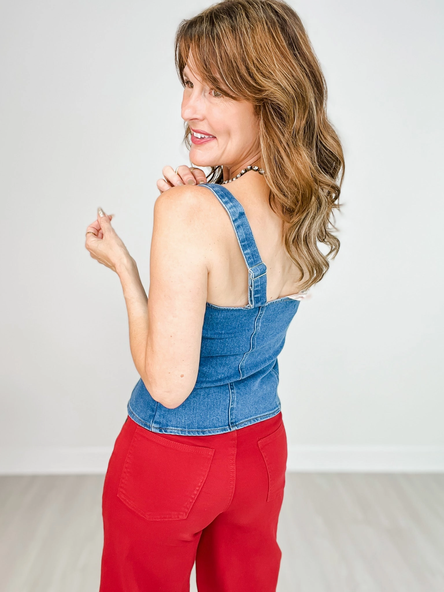 Ventilated Panels Button Down Fitted Sleeveless Denim Top