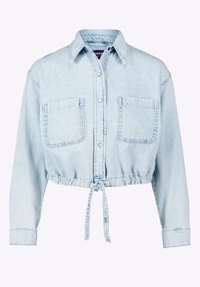 Pocket Detail Year-Round Favorite Serena Women's Long-Sleeve Cropped Denim Shirt, Bleached Down Blue - BL16021