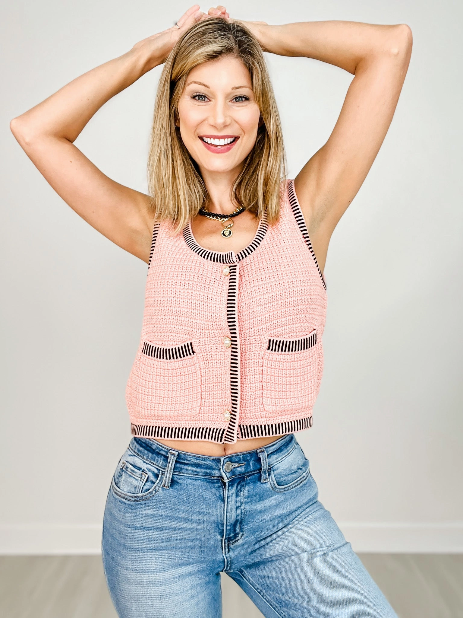 Button Down Textured Sweater Vest Top With Pockets MultiFunctional Pocket Placement