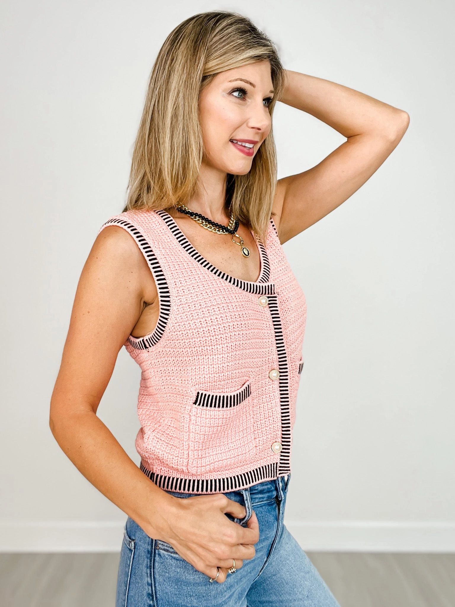 Convertible Style Button Down Textured Sweater Vest Top With Pockets