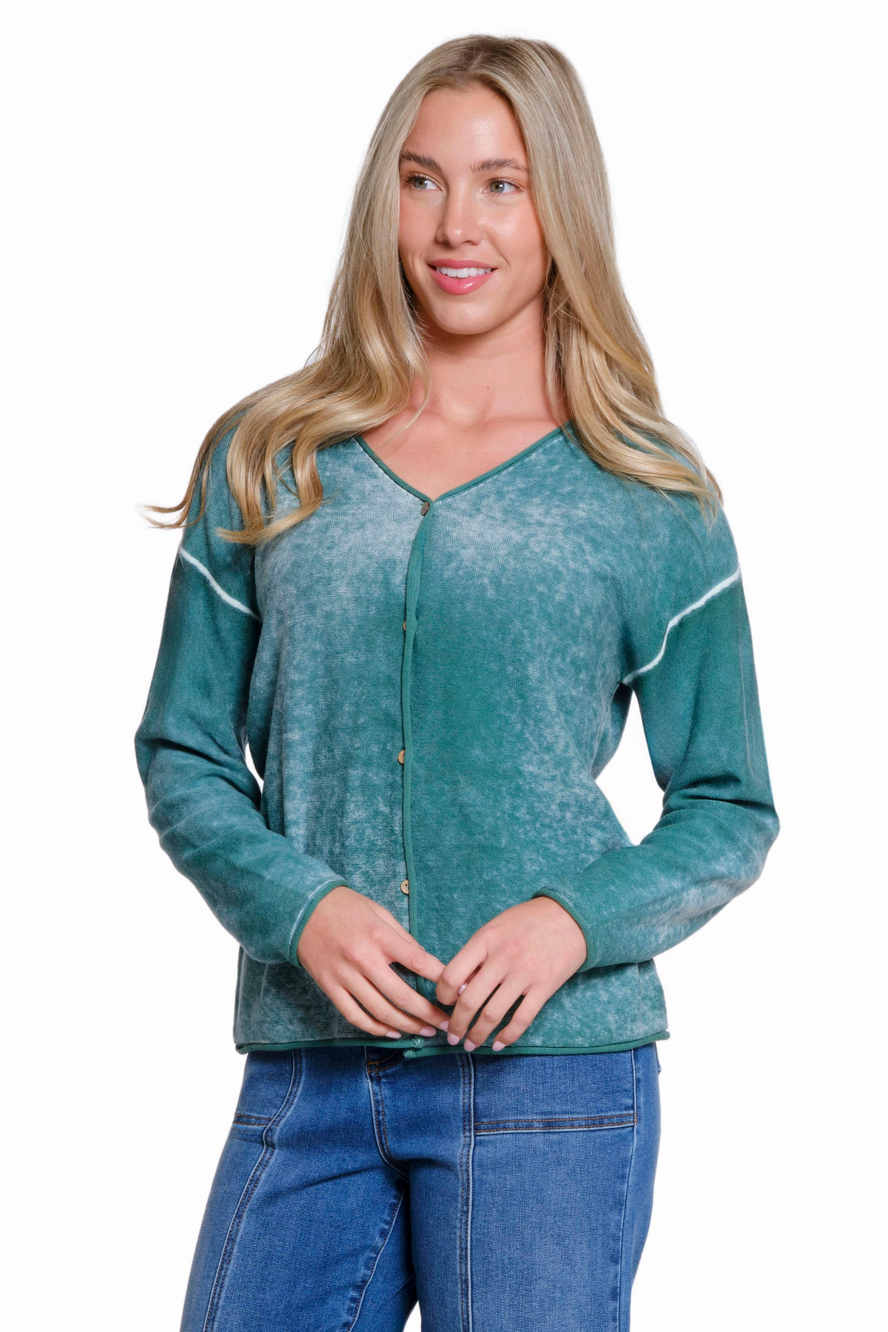 Button Front Cardigan - Antique Green MoistureWicking Material