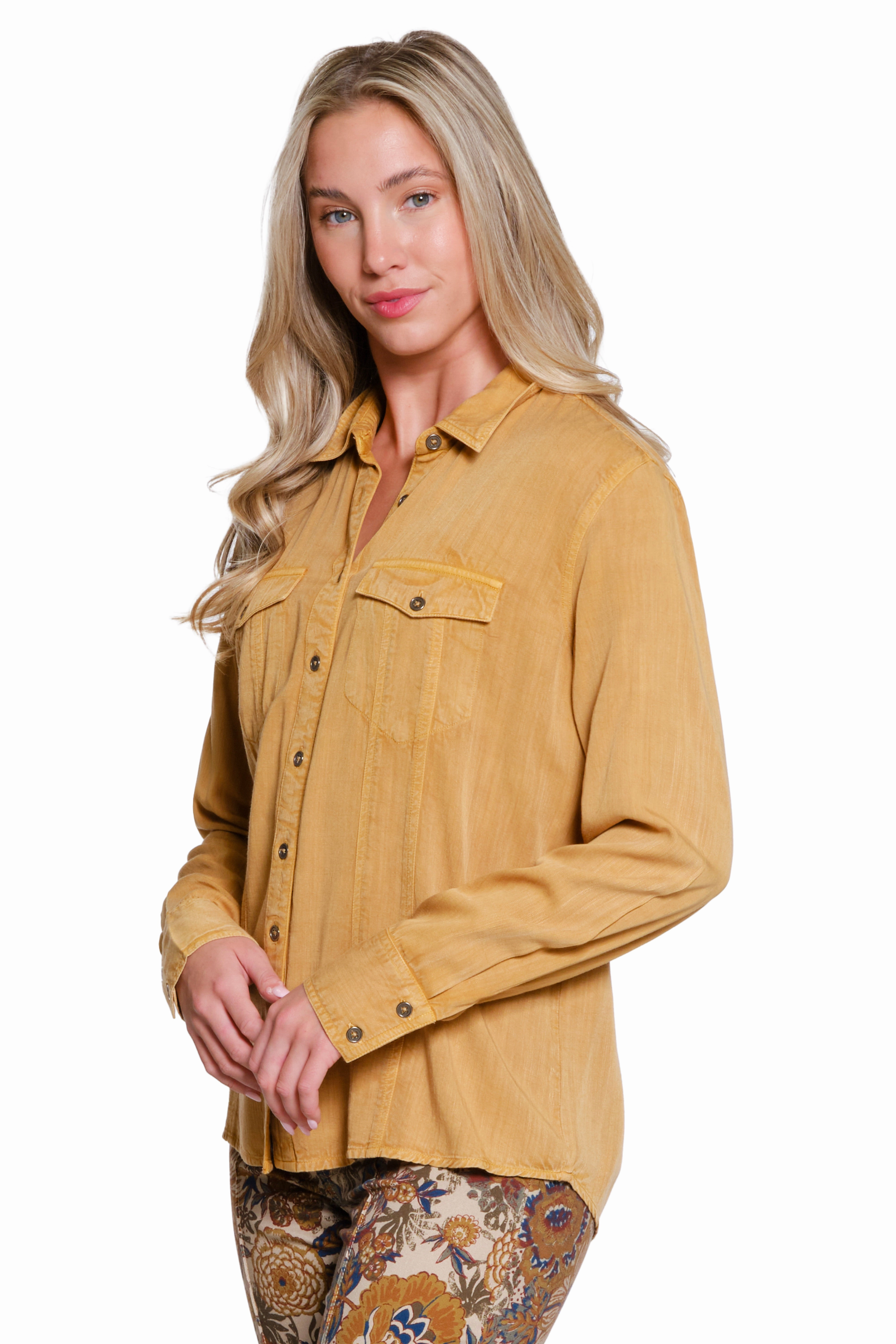 Durable Reinforced Shoulders ButtonlessClosure Button-Up Shirt - Gold