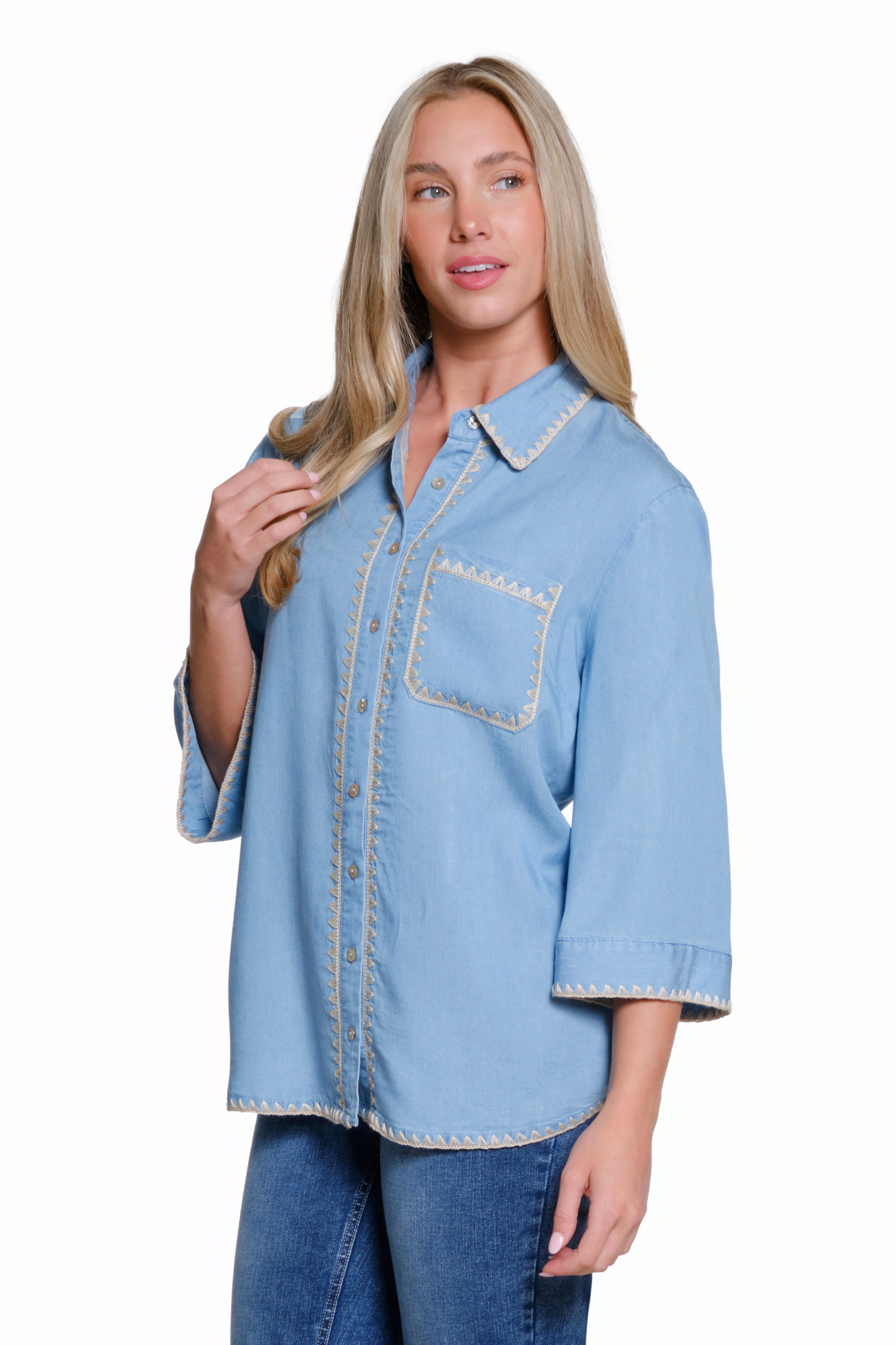 Button-Up Shirt with Crochet Trim - Chambray Microfiber Blended Fabric Everyday Look