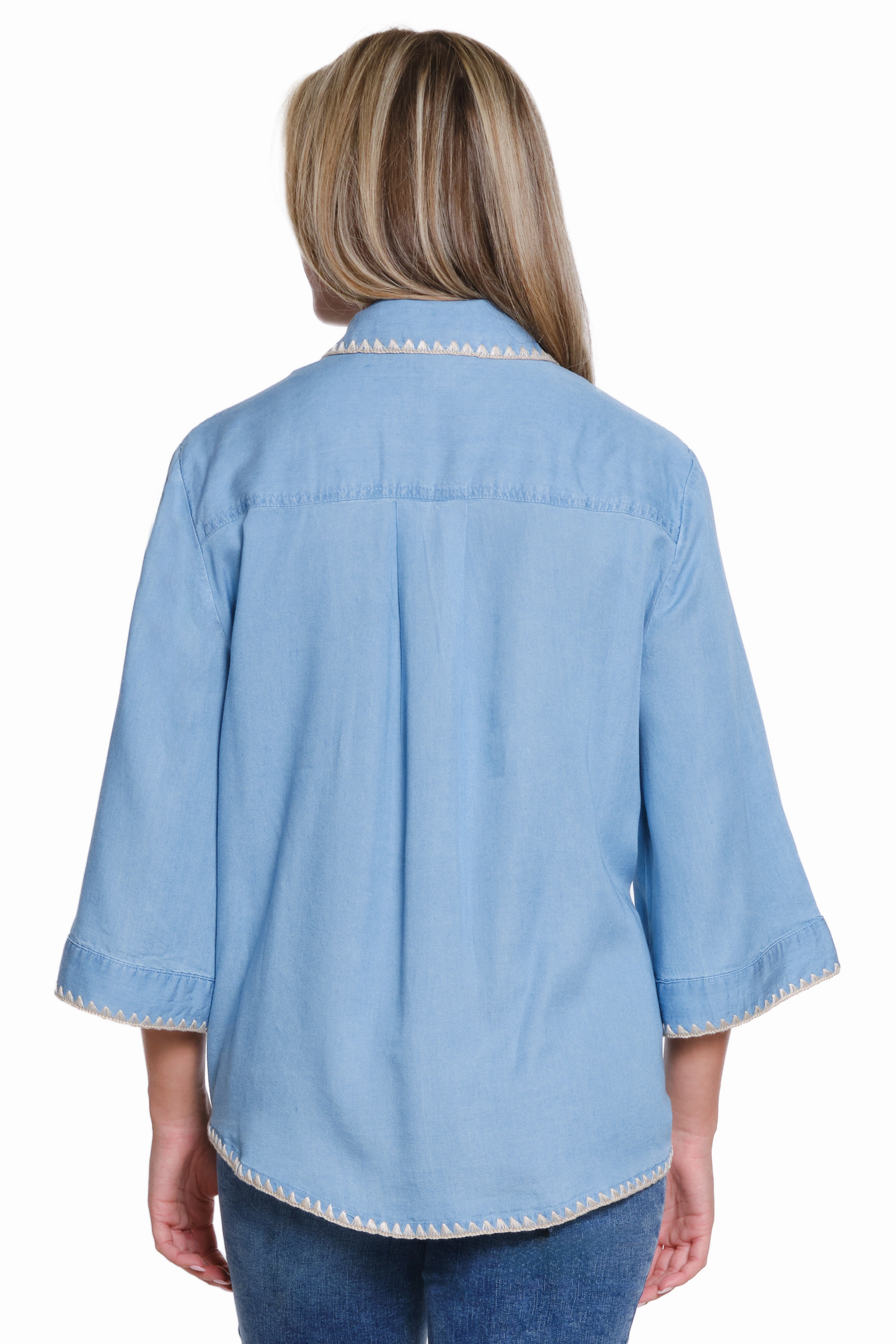Button-Up Shirt with Crochet Trim - Chambray ResilientStretch WideNeckline