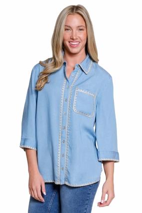 All-Purpose Raglan Sleeve Button-Up Shirt with Crochet Trim - Chambray