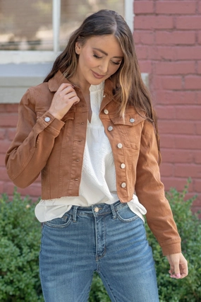 Cool Day Look Responsible Denim Production Camel Garment Dyed Grinding Denim Jacket Regular & Plus Sizes