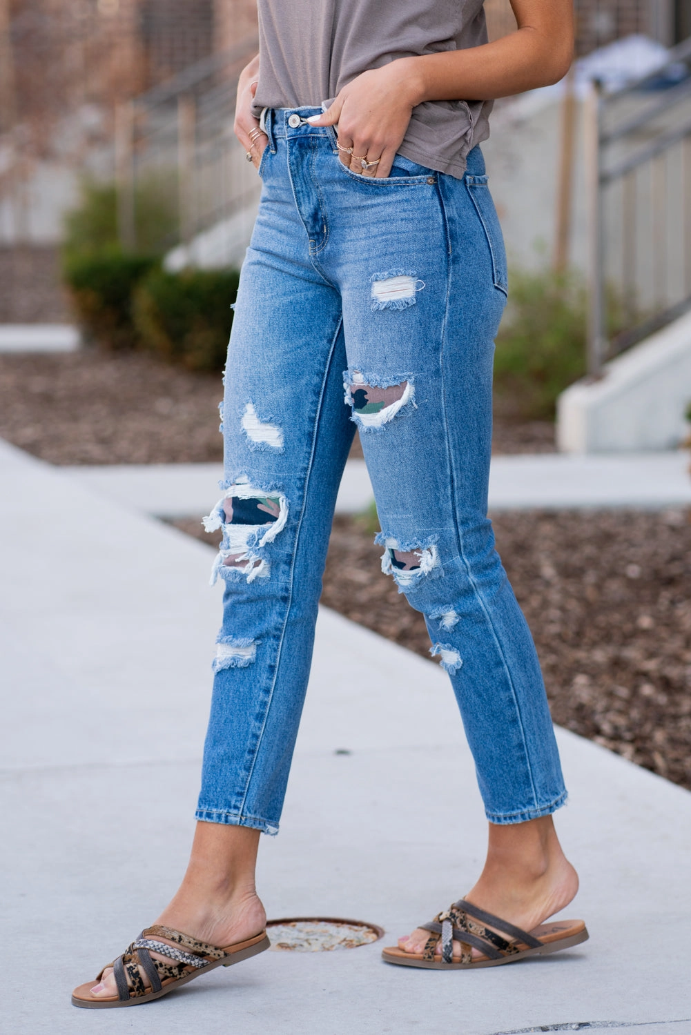 Polished Look Bold Road Trip Camo Patch High Rise Mom Straight