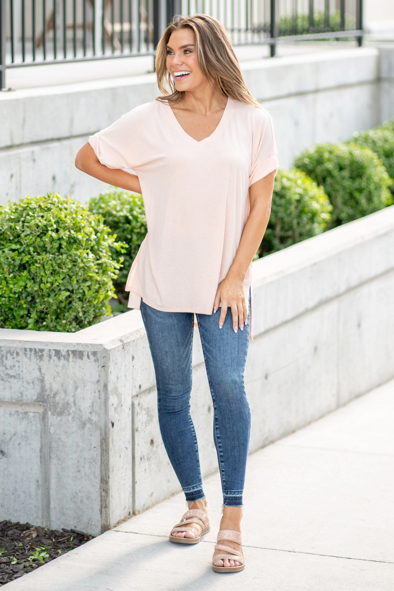 Tagless Design Super Soft  High Low Hem V Neck Top - Light Peach T-Shirt