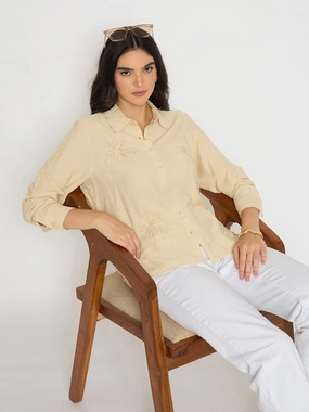 Modern Fit All-Weather Ready Madame Embellished Beige Rayon Blend Shirt