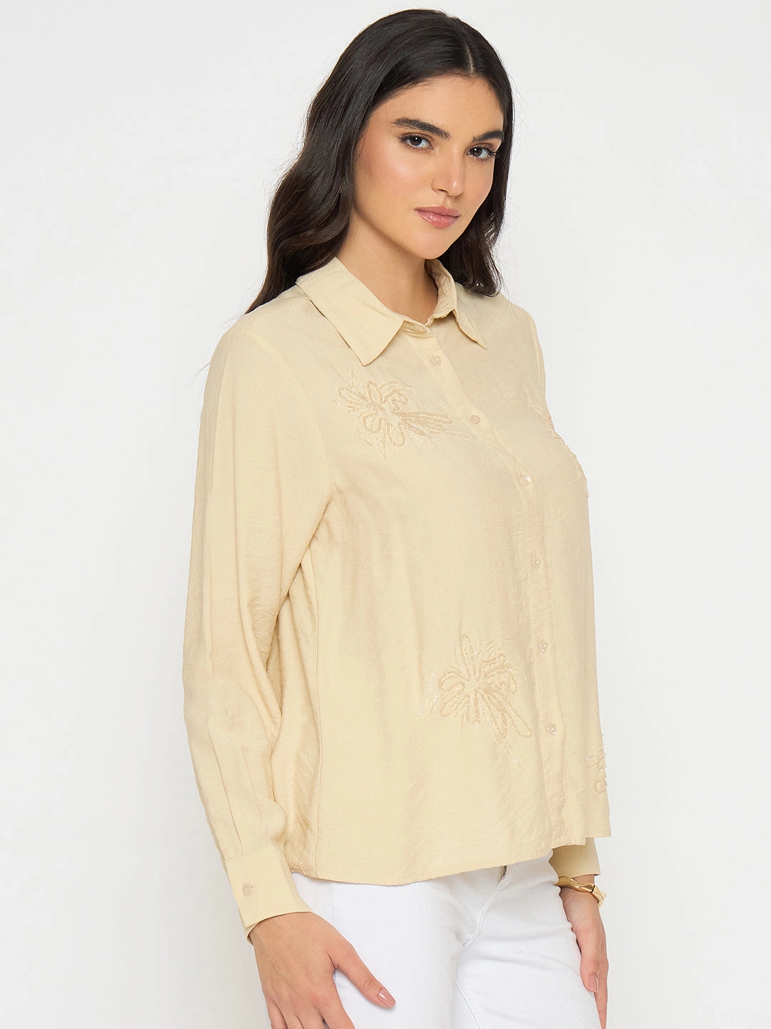 Laser Cut Edge Detail Madame Embellished Beige Rayon Blend Shirt