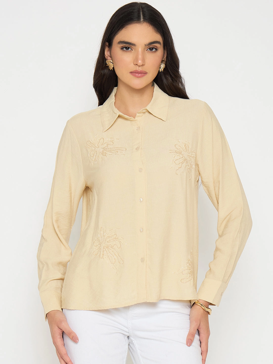 Low Maintenance Pocket Detail Madame Embellished Beige Rayon Blend Shirt