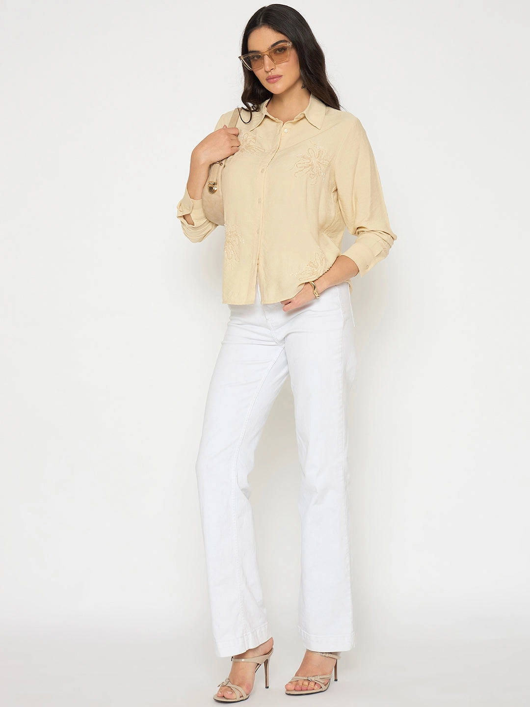 Madame Embellished Beige Rayon Blend Shirt Striped style Pocket Detailing