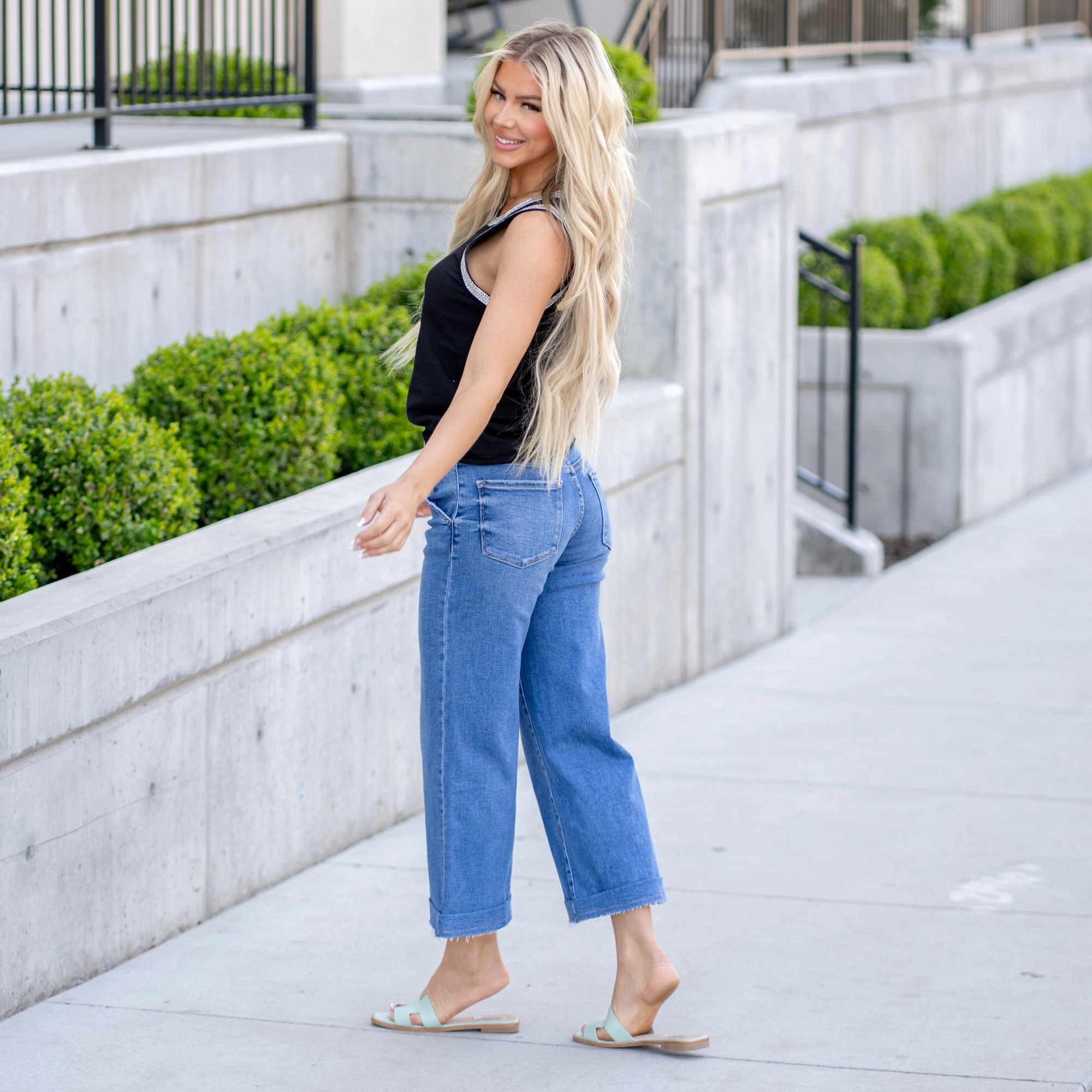 Modern Attire Four Way Stretch Fabric VERVET Ingenuity High Rise Two Button Trouser Hem Wide Leg Jeans Medium Blue Wash