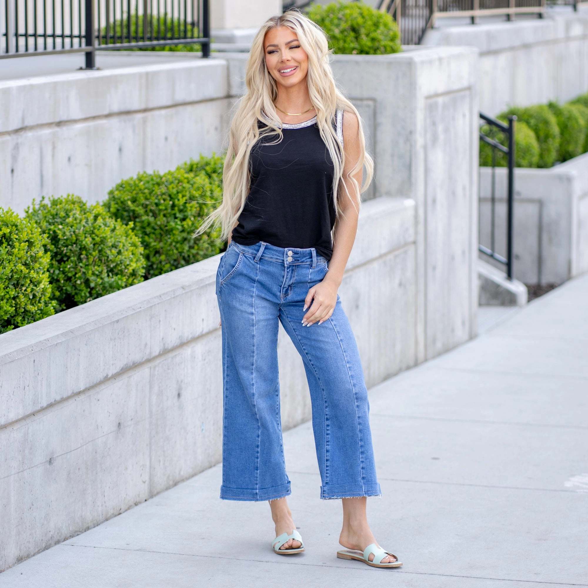 Traveler Gear Earthy VERVET Ingenuity High Rise Two Button Trouser Hem Wide Leg Jeans Medium Blue Wash