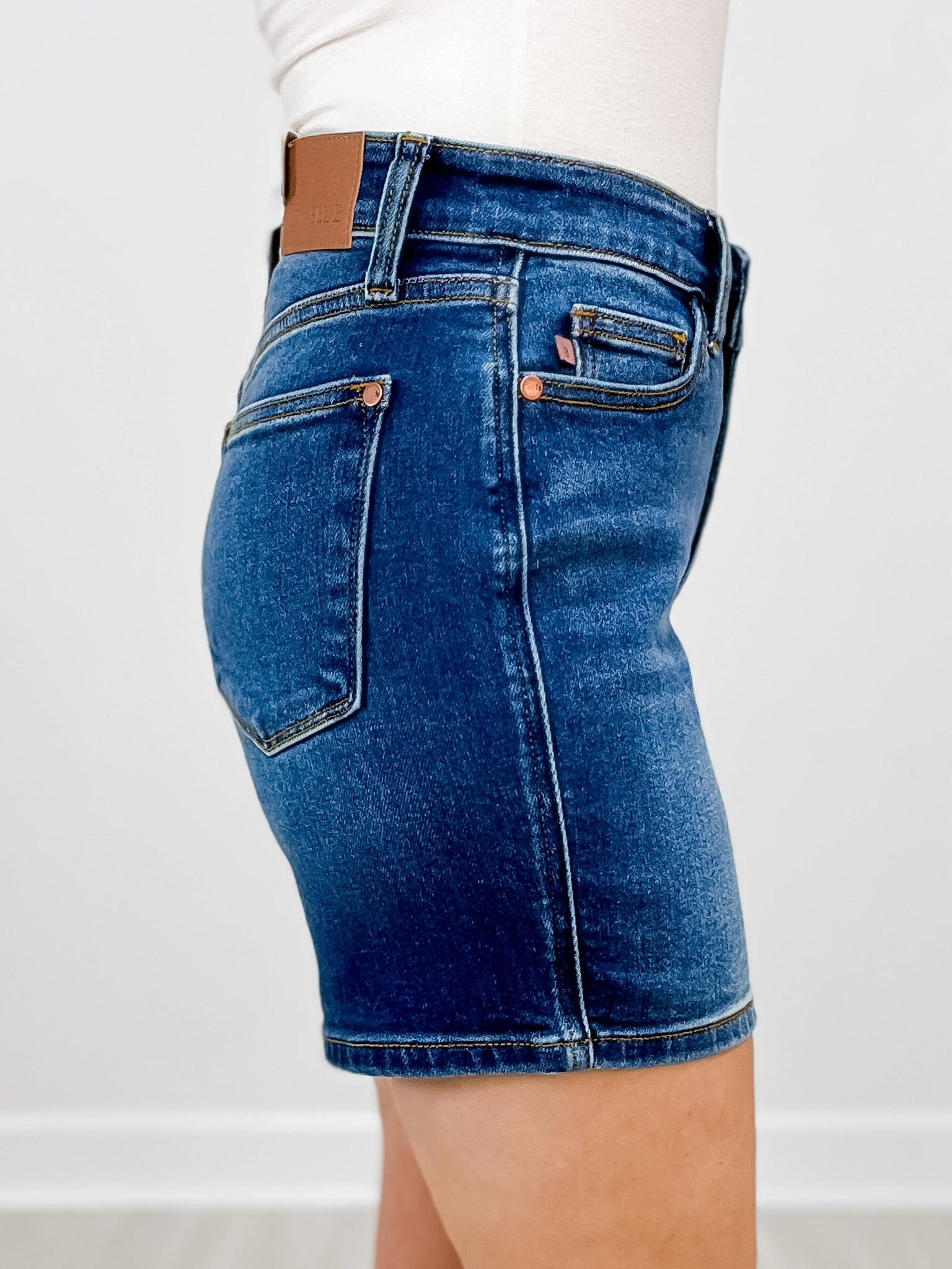 Judy Blue FORTUNE Two Button Mid Length Dad Denim Shorts Sleek Waistband Artist Vibe Everyday Rainy Day