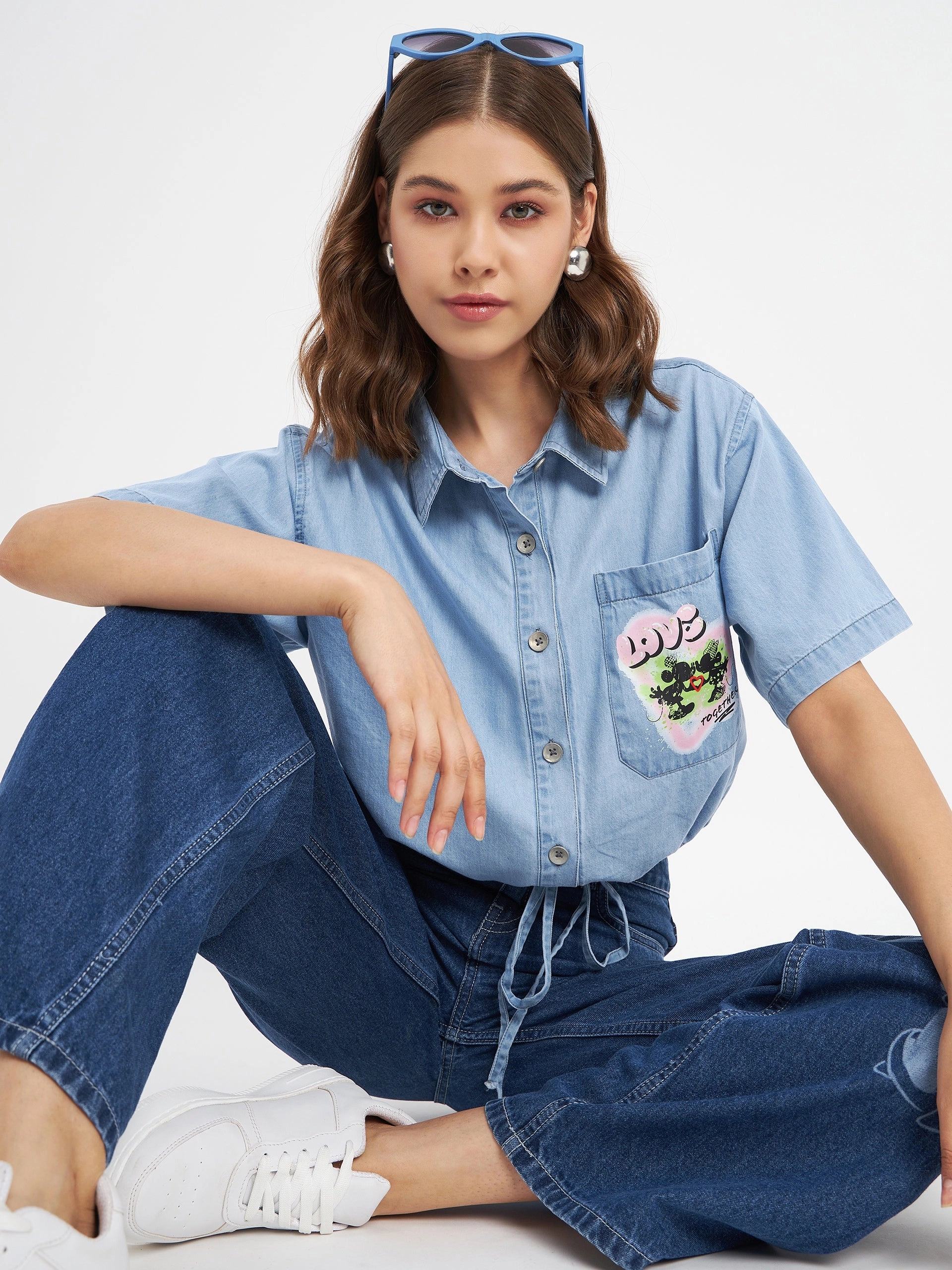 Date night Anti Static Lining Madame Graphic Print Light Blue Cotton Shirt