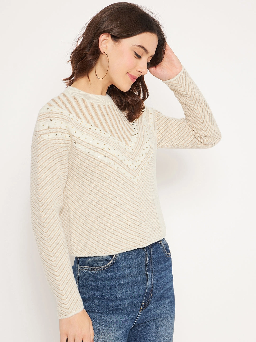 Knitted Comfort Winter Style Must-Have Madame Beige Embellished Sweater