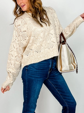 Open Knit Long Sleeve Sweater with Round Neckline Light Reflective Yarn Chilly Day Outfit