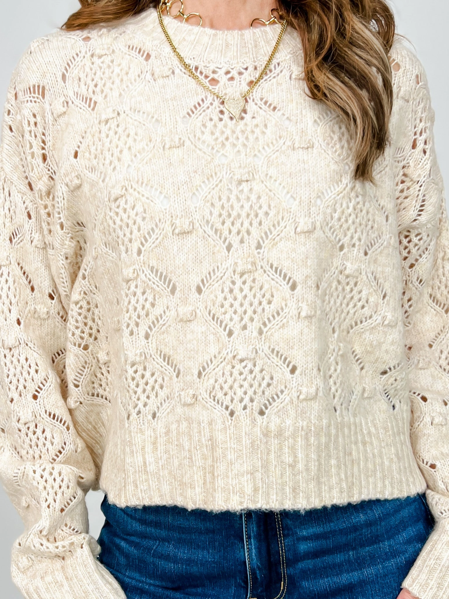 Comfort Knitwear Open Knit Long Sleeve Sweater with Round Neckline