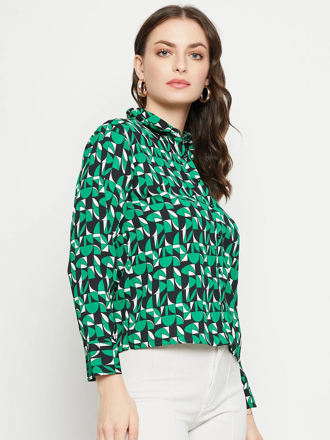 Madame Geometric Print Full Sleeves Green Shirt Chic Comfort Seasonal Essential