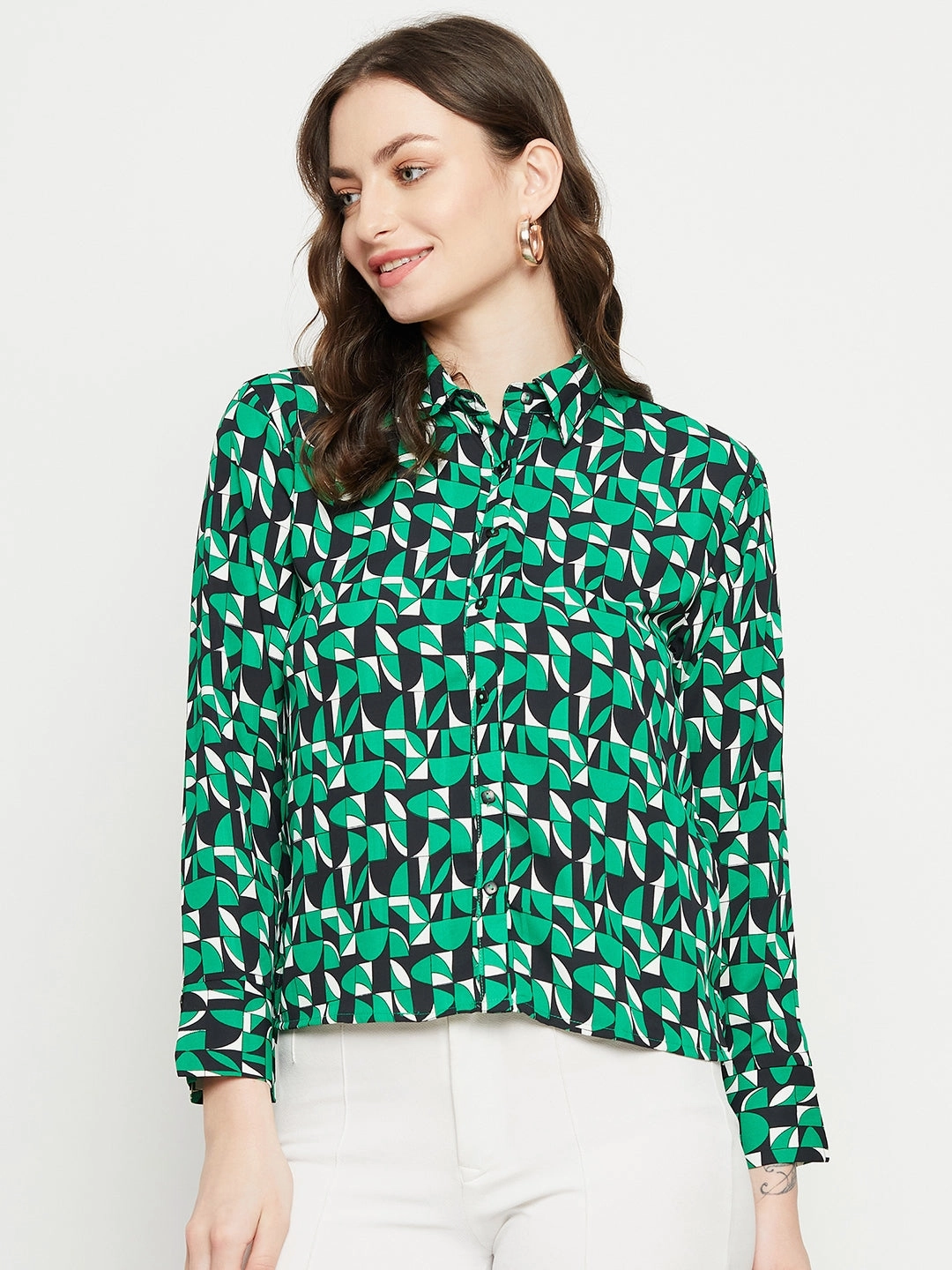 Madame Geometric Print Full Sleeves Green Shirt hypoallergenic material Perfect Look