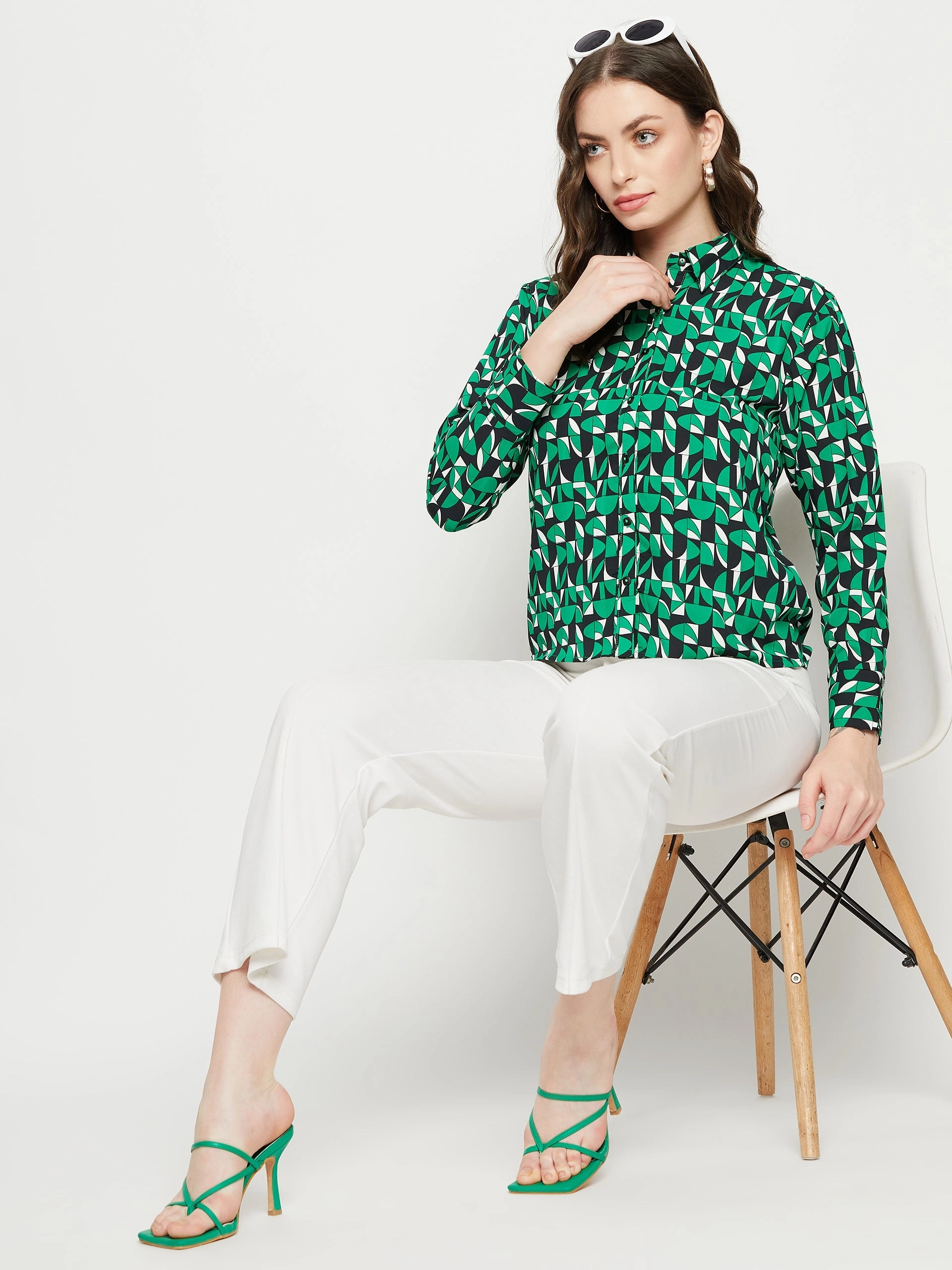 Madame Geometric Print Full Sleeves Green Shirt Lounge Comfort Tear Resistant Reinforcement