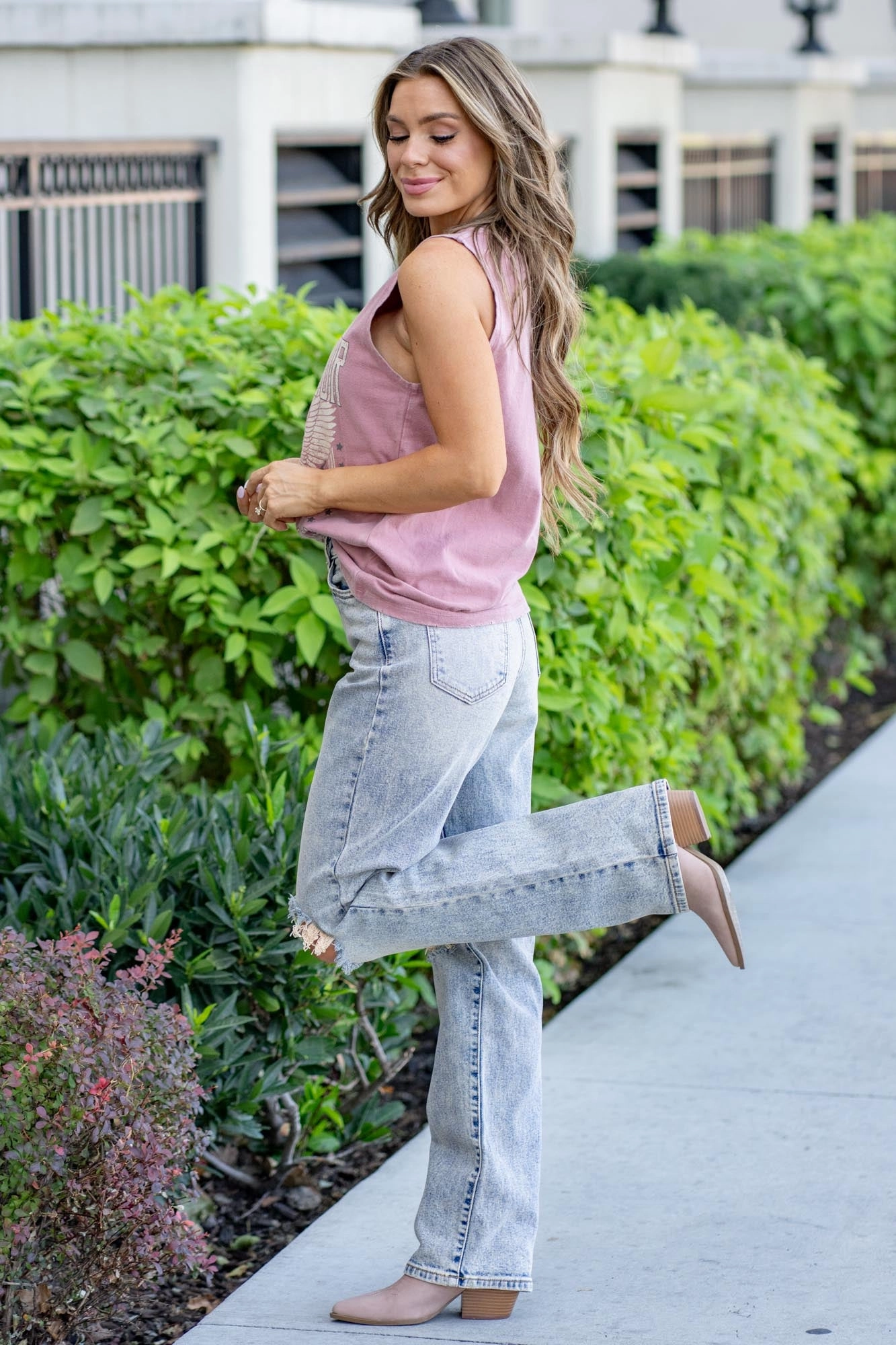 Minimal Fading Stone Wash Finish Cello Rebel Edge Super High Rise Dad Jeans Medium Tint Blue Wash