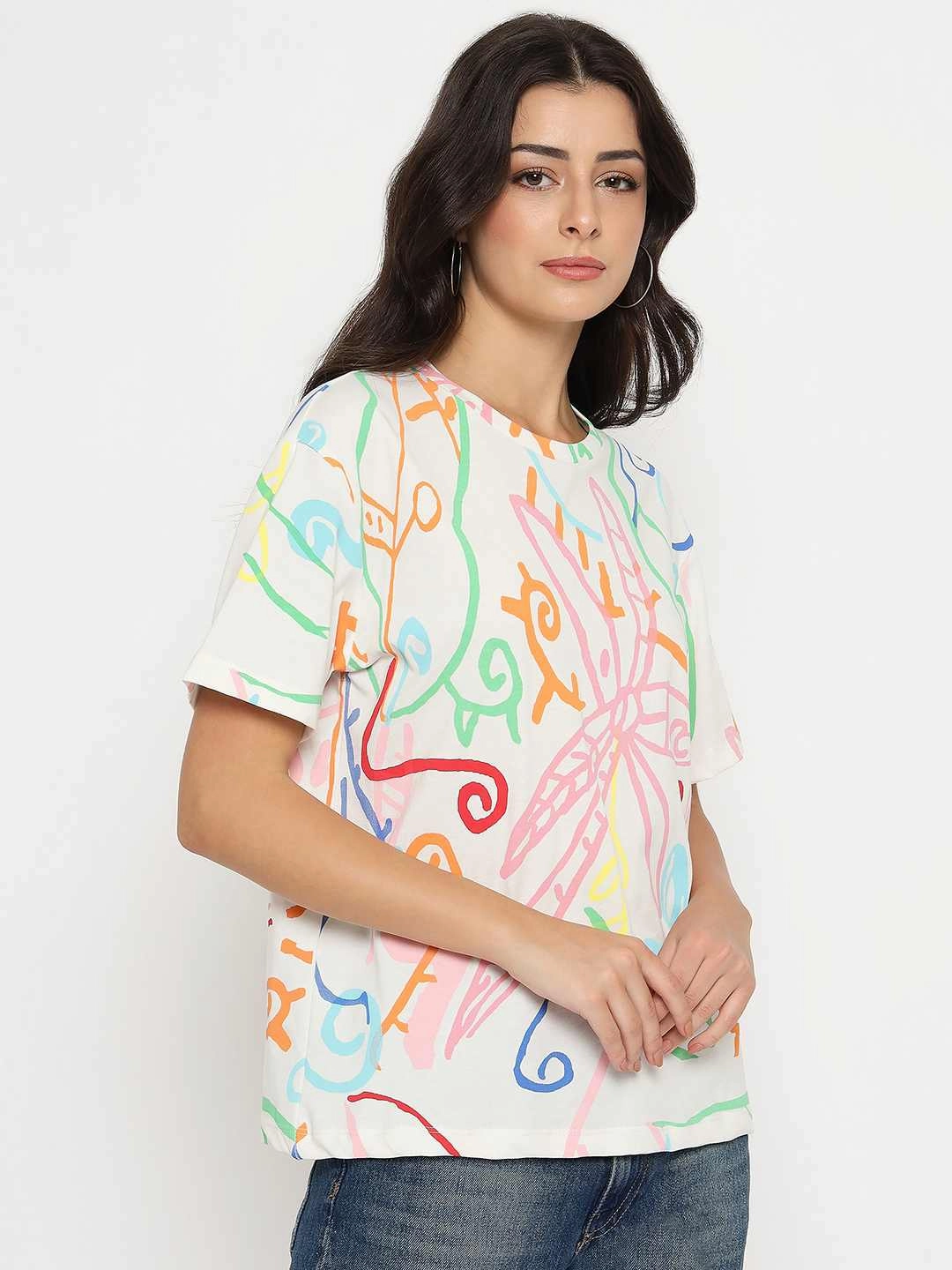 SnagResistant Madame All Over Print Half Sleeve White Cotton T-shirt
