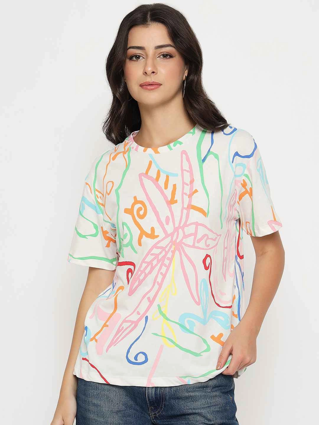 StretchFabric Quick Release Buttons Madame All Over Print Half Sleeve White Cotton T-shirt