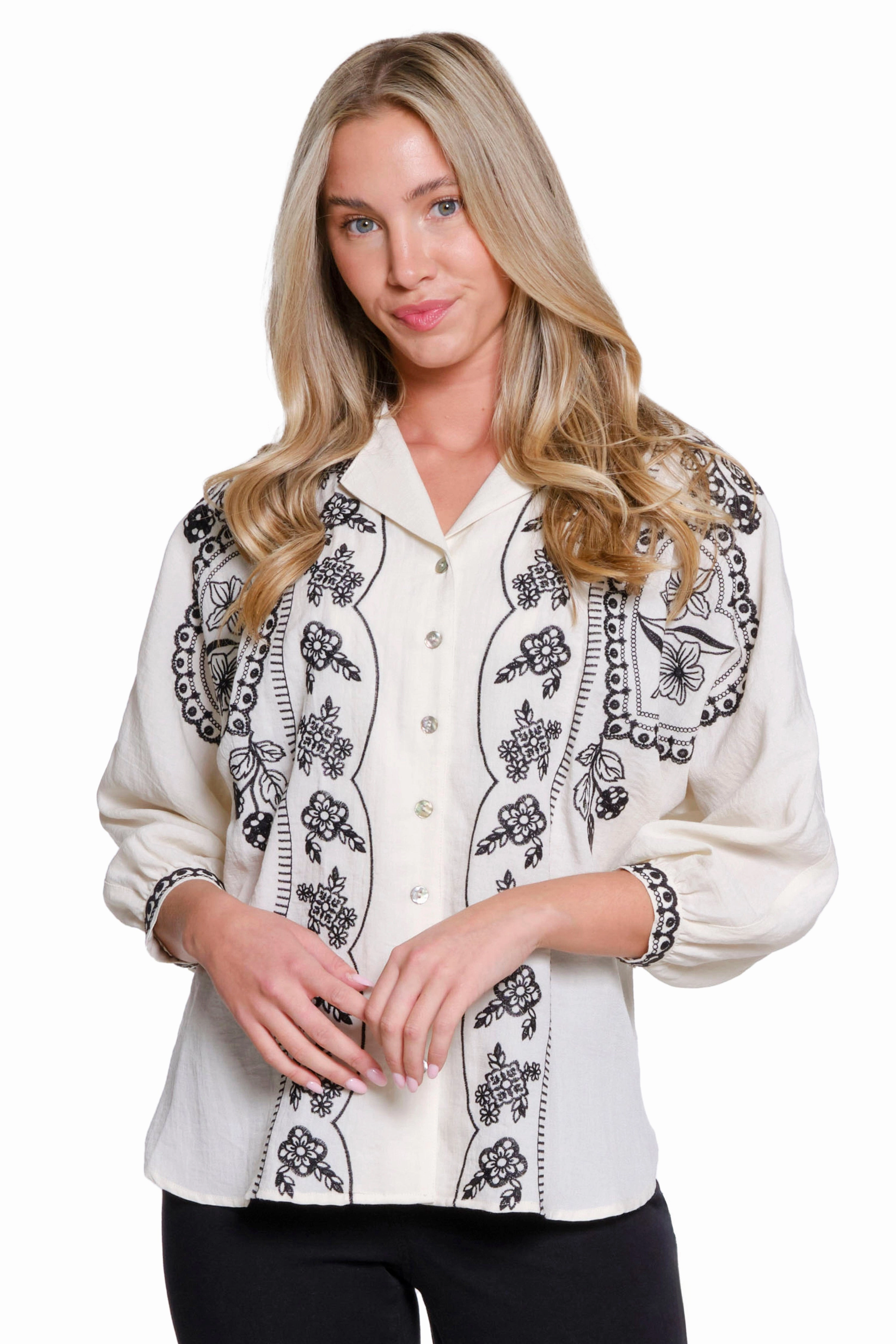 BondedShoulderTaping Embroidered Dolman Sleeve Button-Up Shirt - Ivory