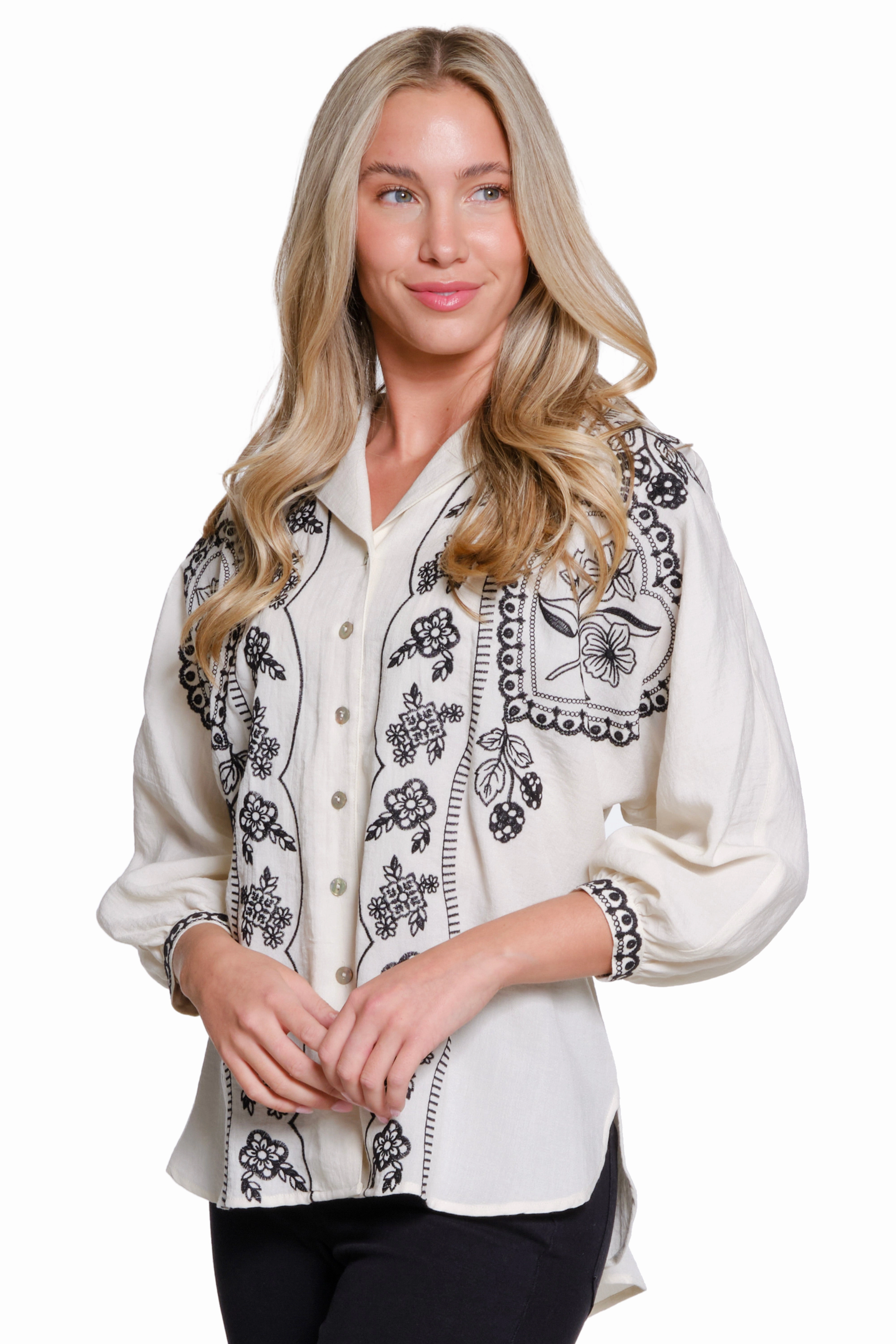 Self Cleaning Coating OdorResistantTreatment Embroidered Dolman Sleeve Button-Up Shirt - Ivory