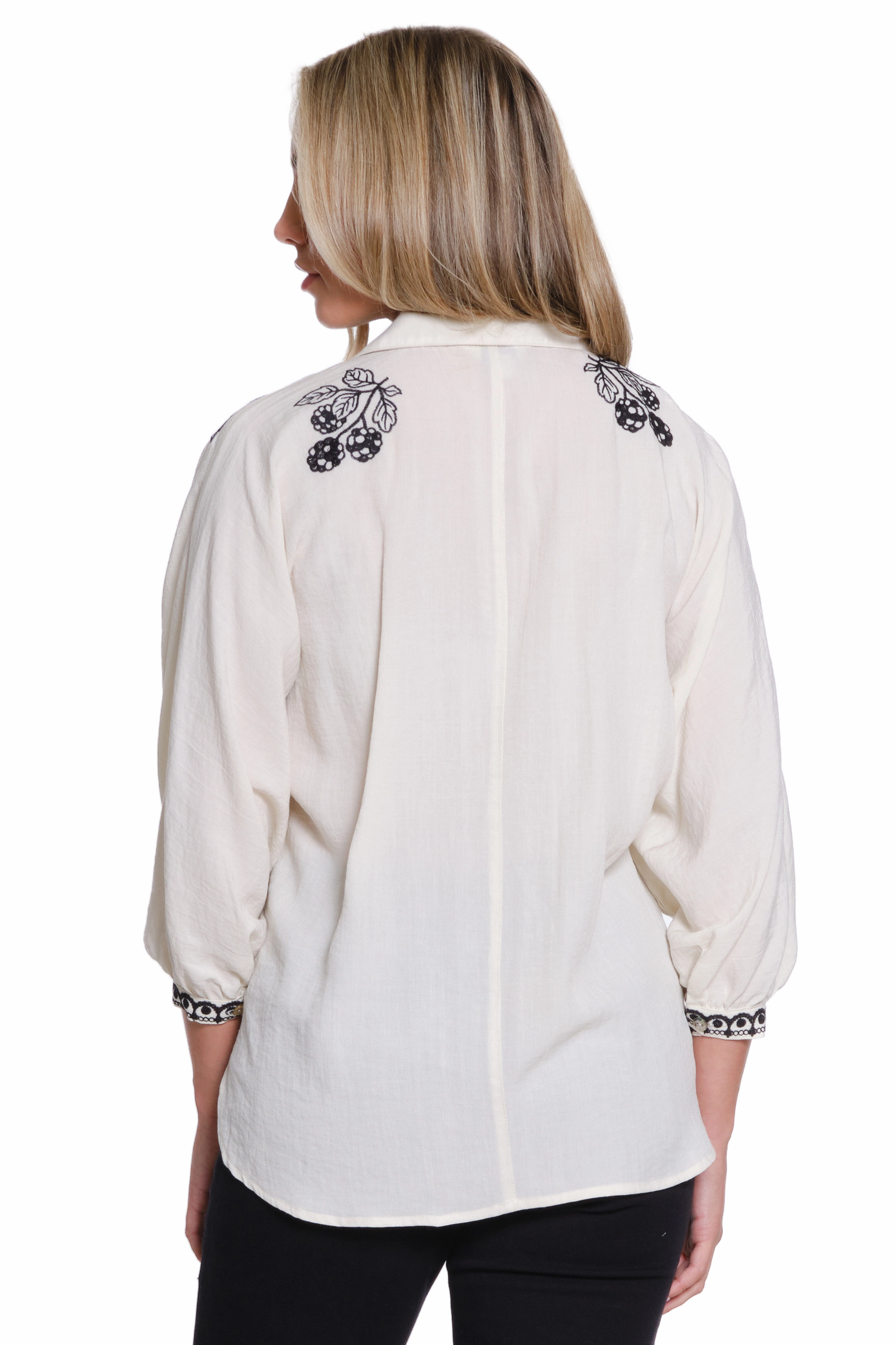 Embroidered Dolman Sleeve Button-Up Shirt - Ivory WaterRepellent Coating Airflow Ventilation