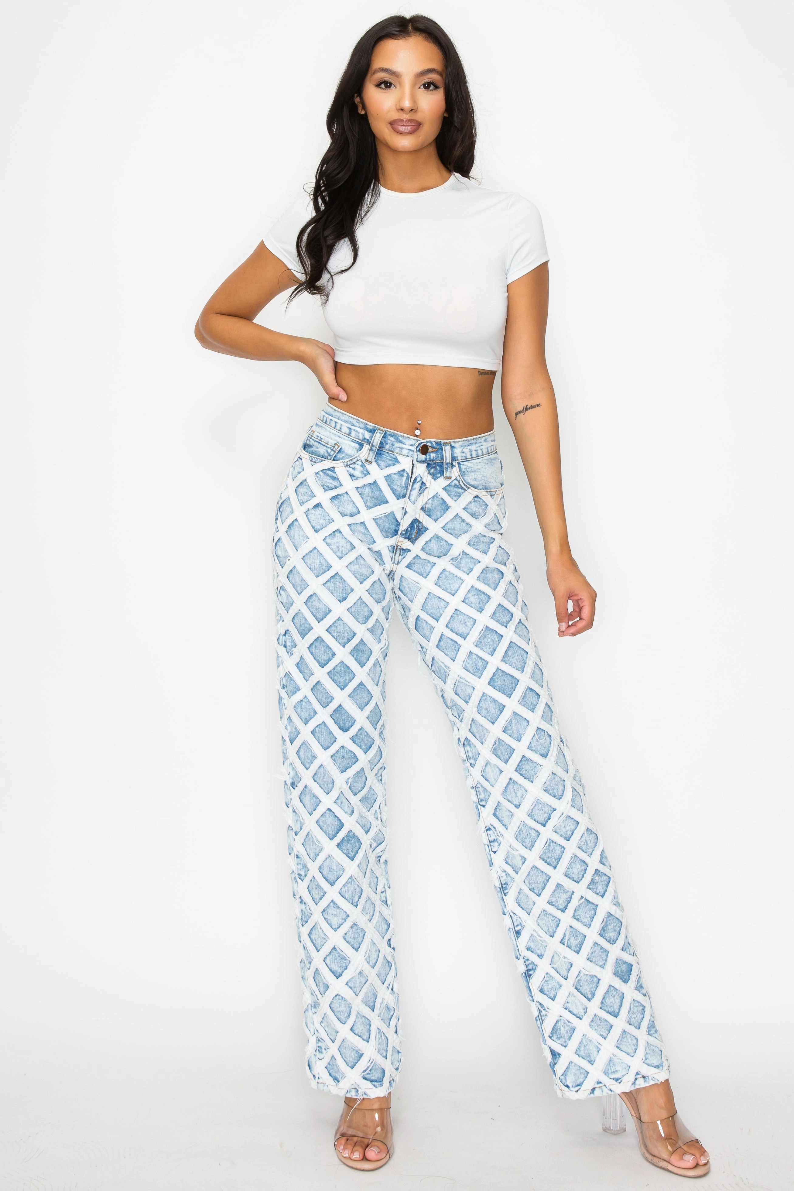 40671 Mid Rise Straight Leg Frayed Diamond Stitch Jeans Durable Weave