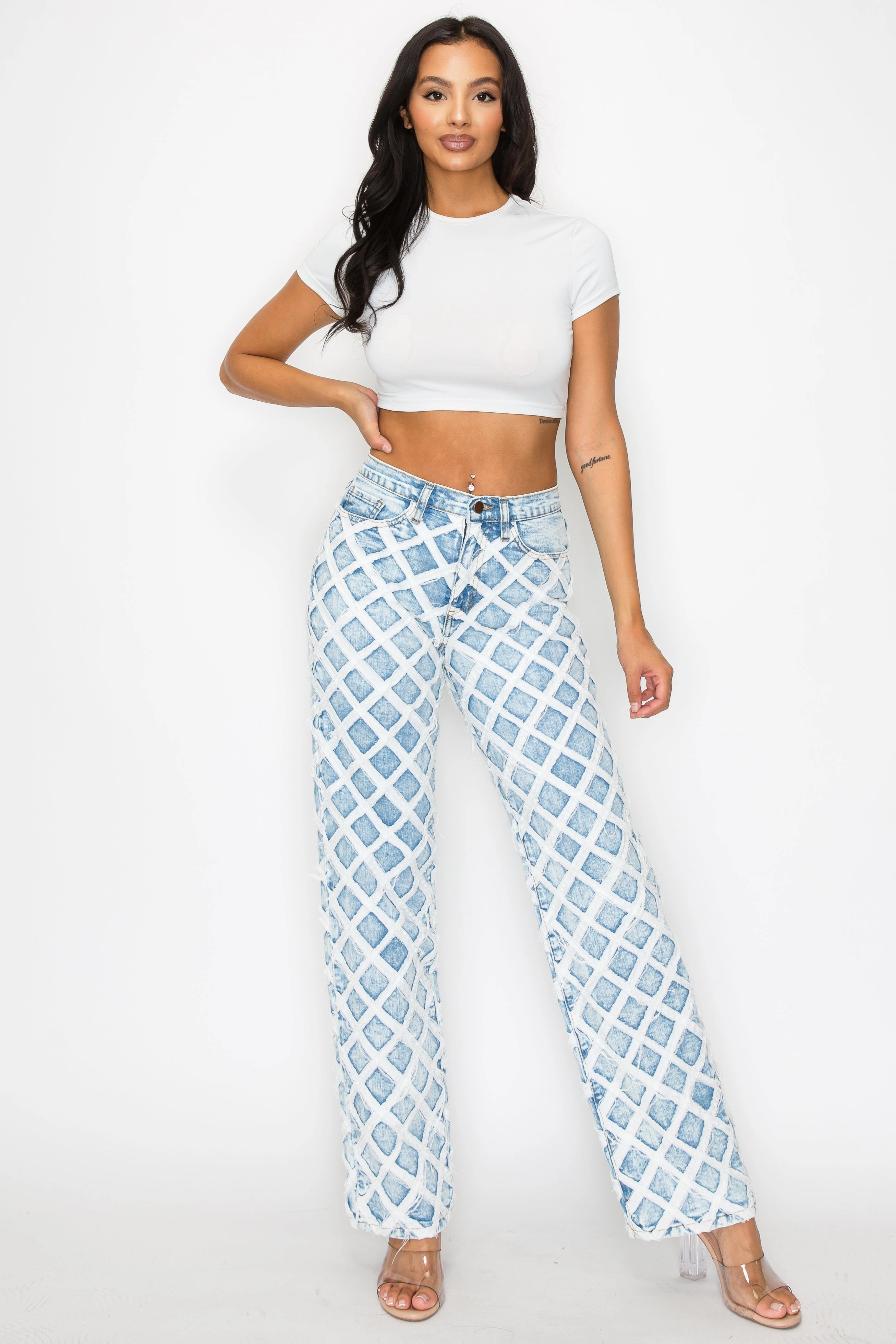 Comfy Option 40671 Mid Rise Straight Leg Frayed Diamond Stitch Jeans