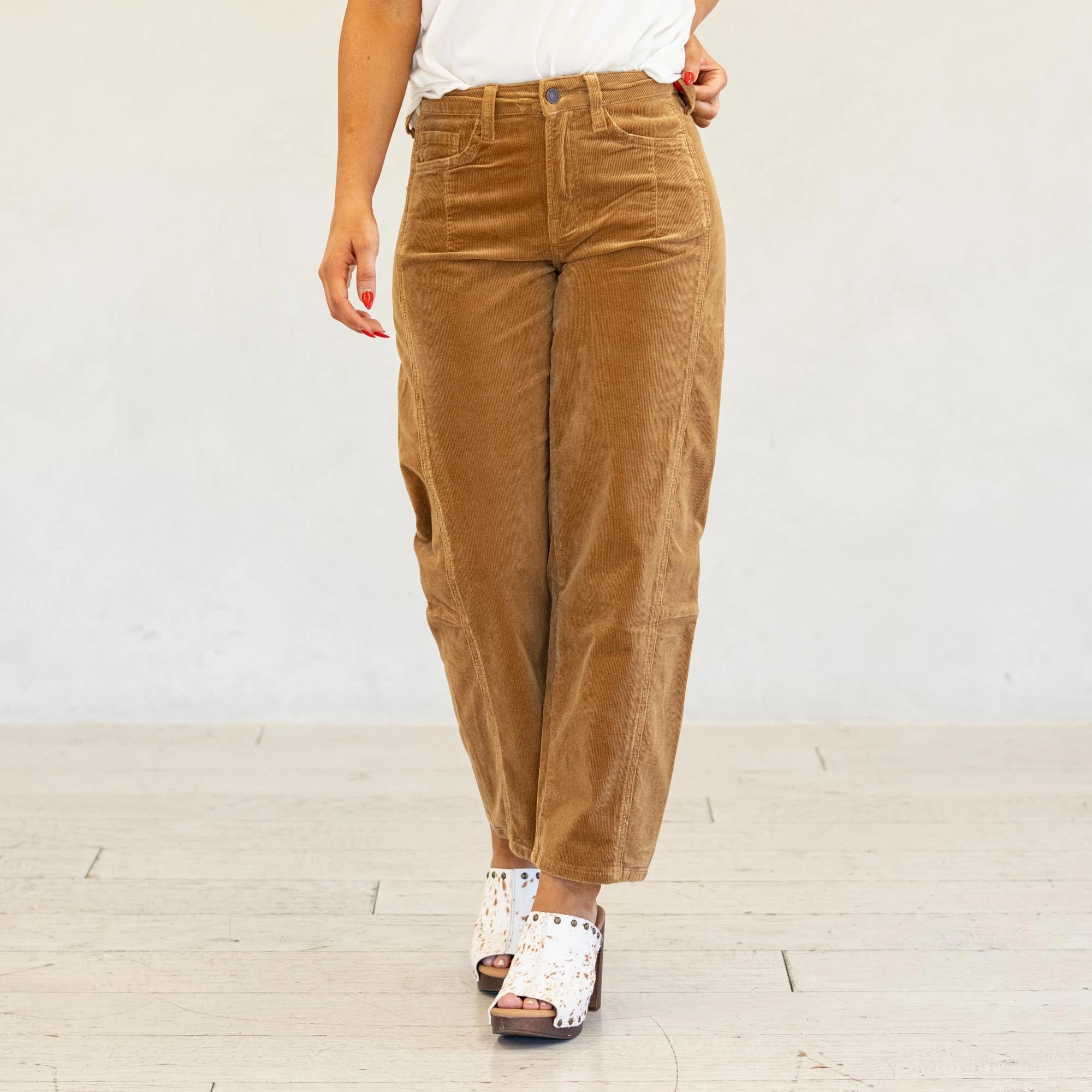 VERVET Sierra Khaki High Rise Seam Detail Corduroy Barrel Jeans Heavy Duty Zipper Mechanism Travel Outfit Music Event