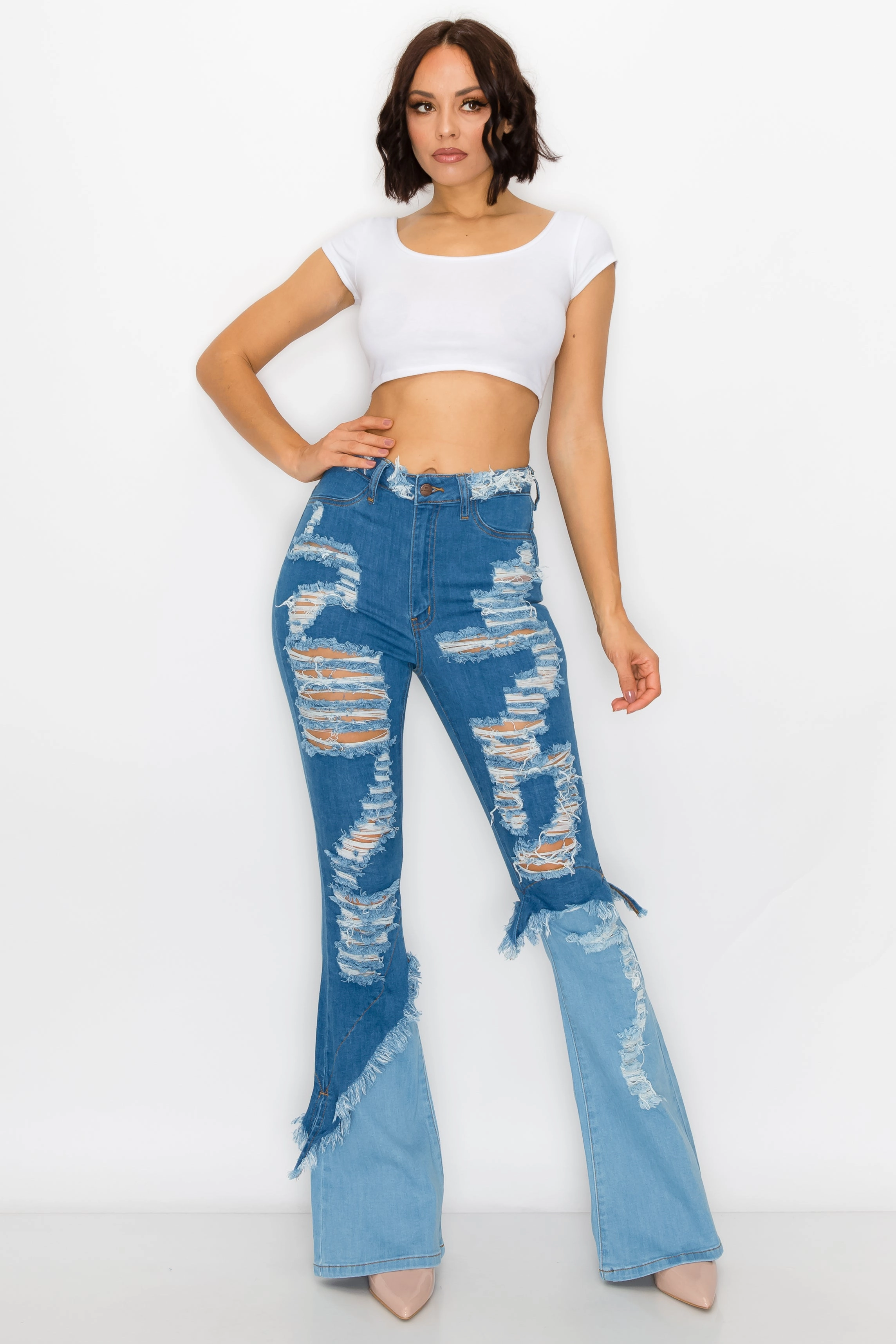 2125 Women's Super High Waisted Color Block Distressed Flare Jeans Odor Control Tech