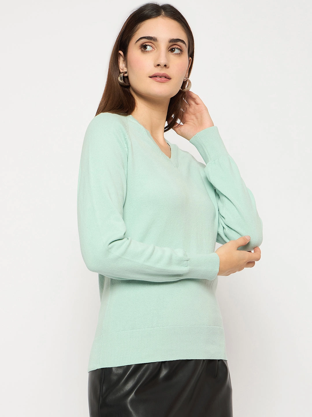 Madame V Neck Skinny Fit Mint Green Sweater Versatile knitwear fuzzy texture