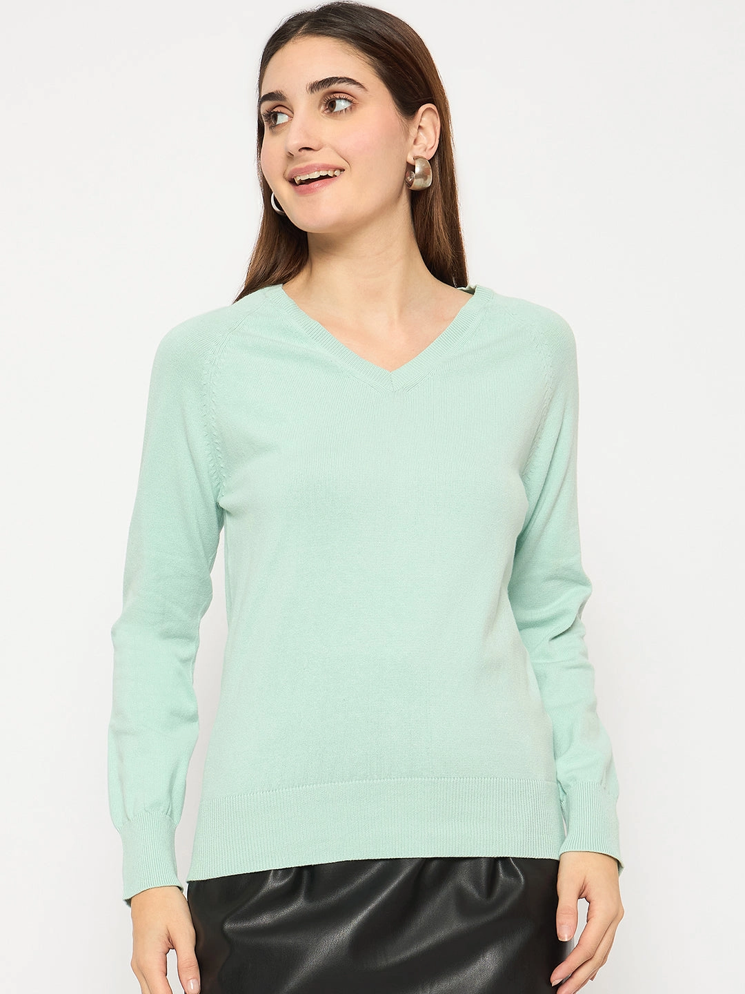 Versatile Comfort Madame V Neck Skinny Fit Mint Green Sweater