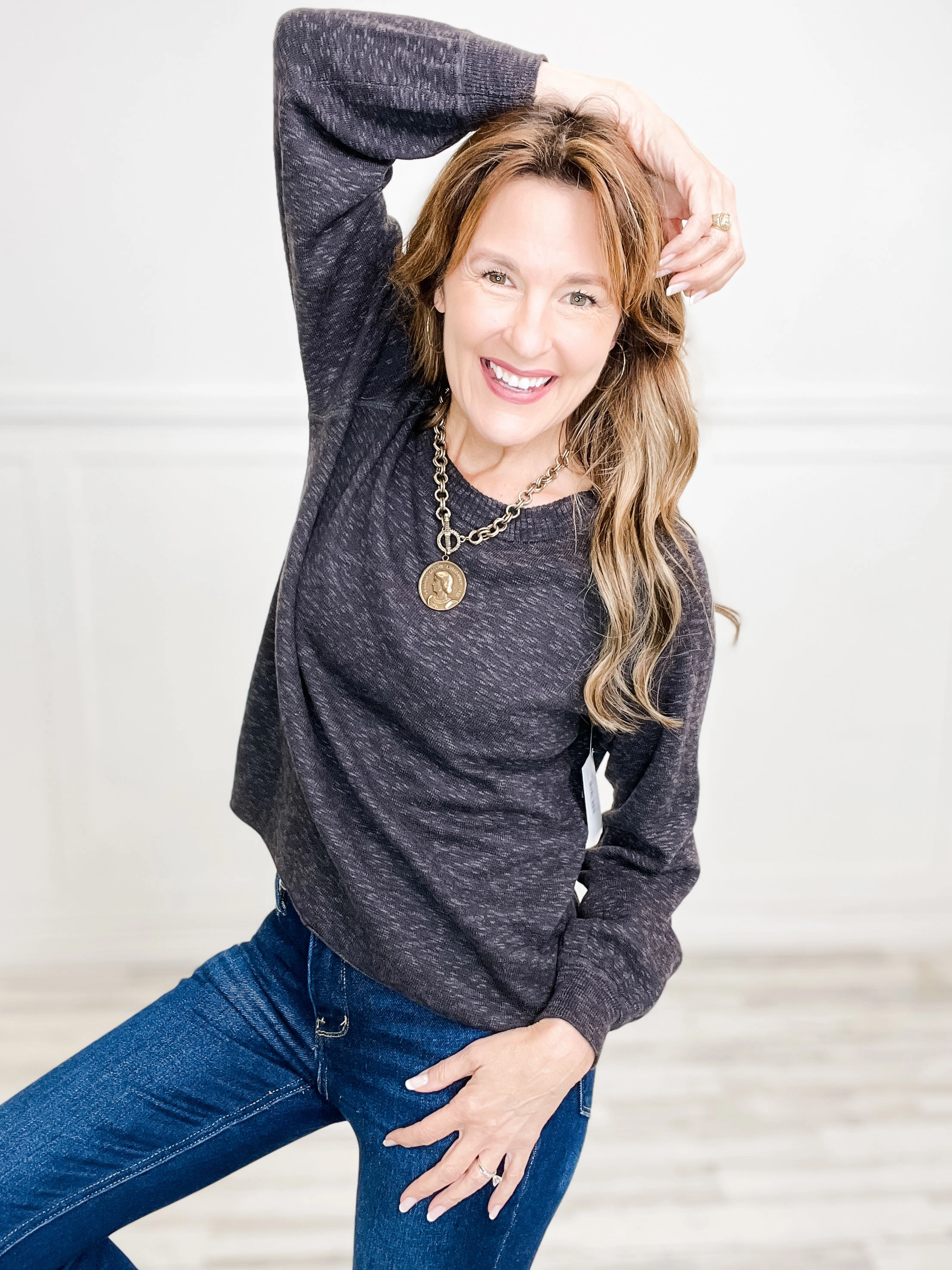 Anti Pilling Raglan Long Sleeve Pullover Slub Yard Knit Sweater Top