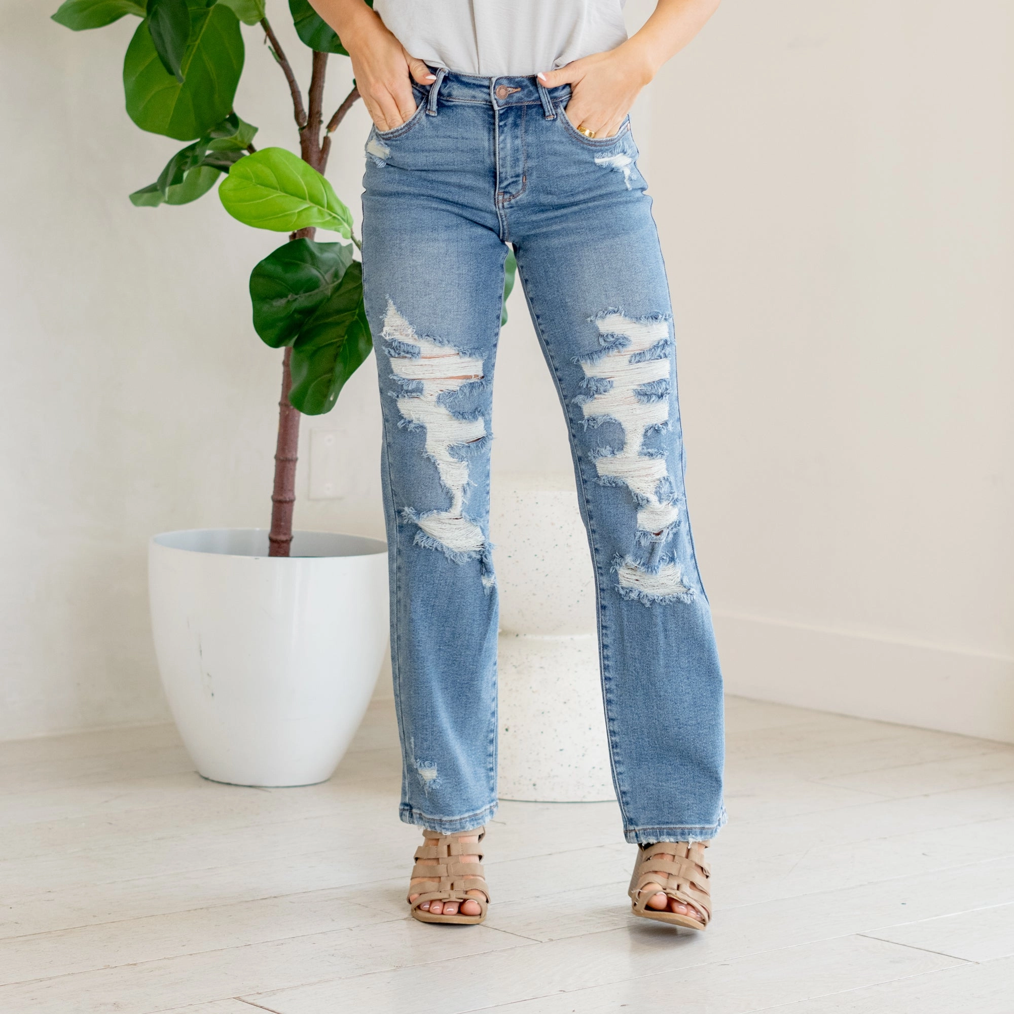 Citrus Sky High Rise Distressed Straight Leg Regular & Plus Sizes Smart Design