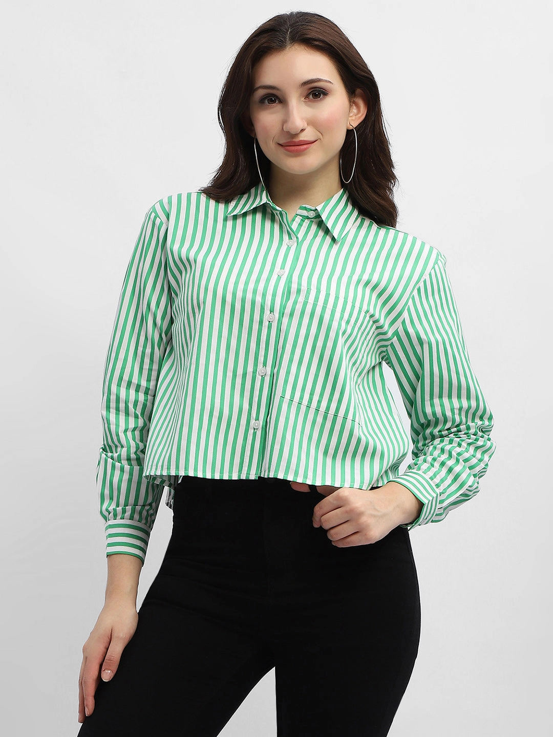 Madame Striped Green Regular Shirt Airflow Ventilation System Embroidered Detail