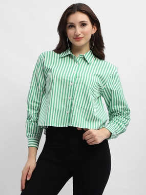 Madame Striped Green Regular Shirt Airflow Ventilation System Embroidered Detail