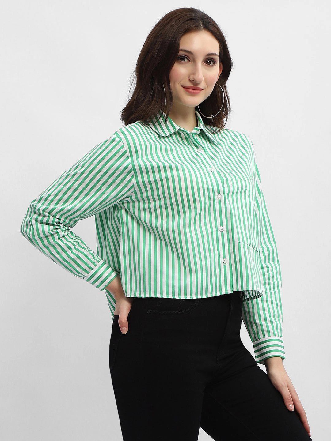 Smooth Texture Striped Design Madame Striped Green Regular Shirt