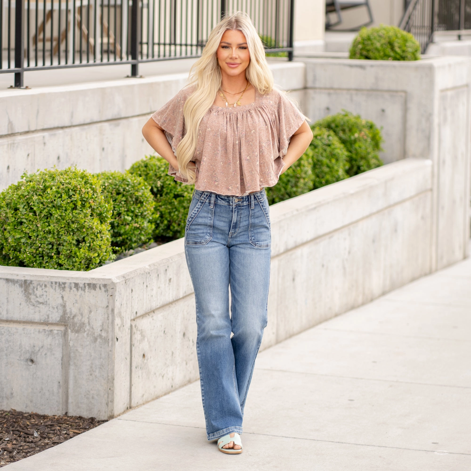 Reinforced Elbow Patches Shirred Crop Jersey Knit Top - Rust