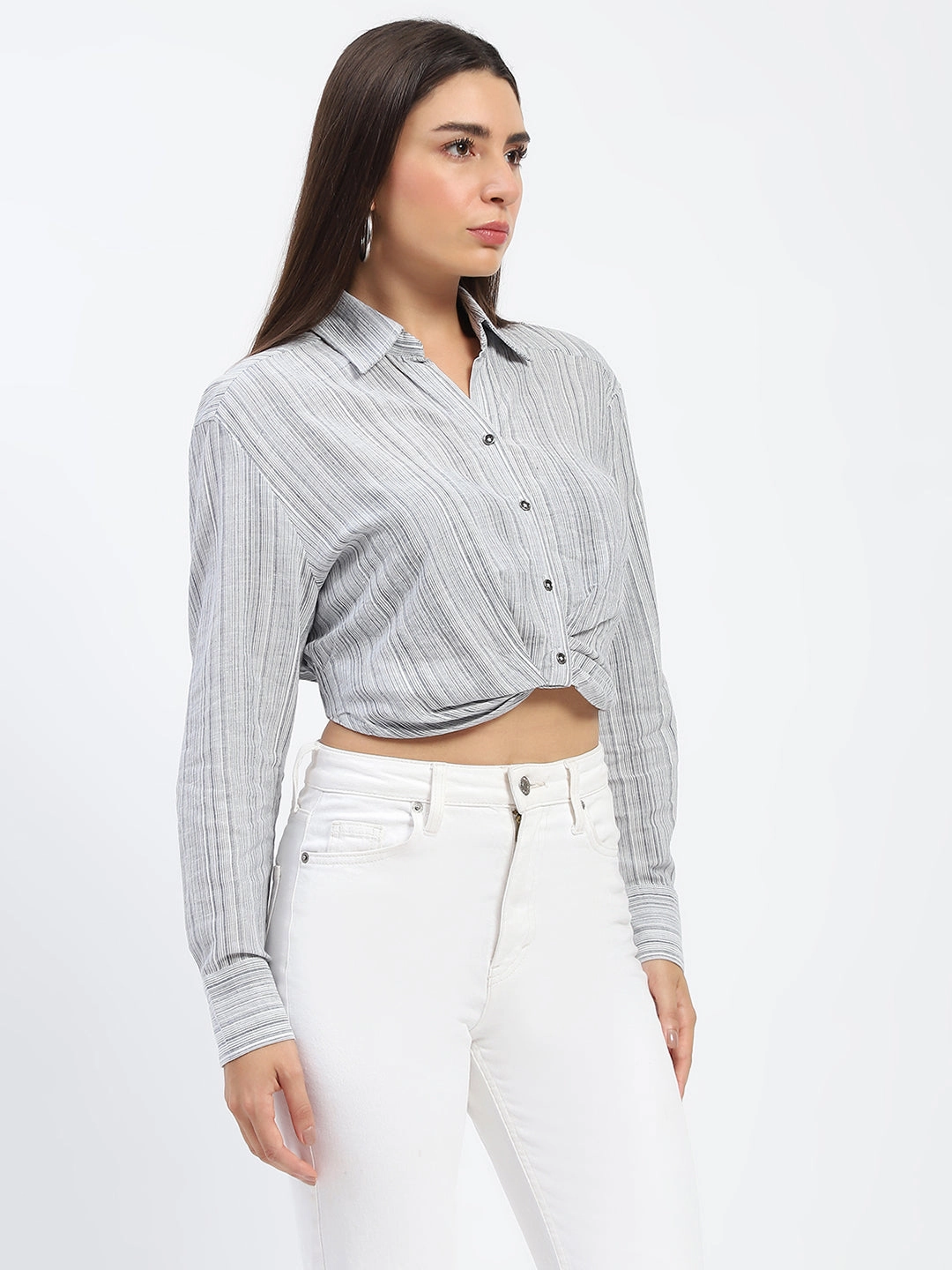 Fashion Comfort Madame Striped Overlap Detailing Off White Shirt