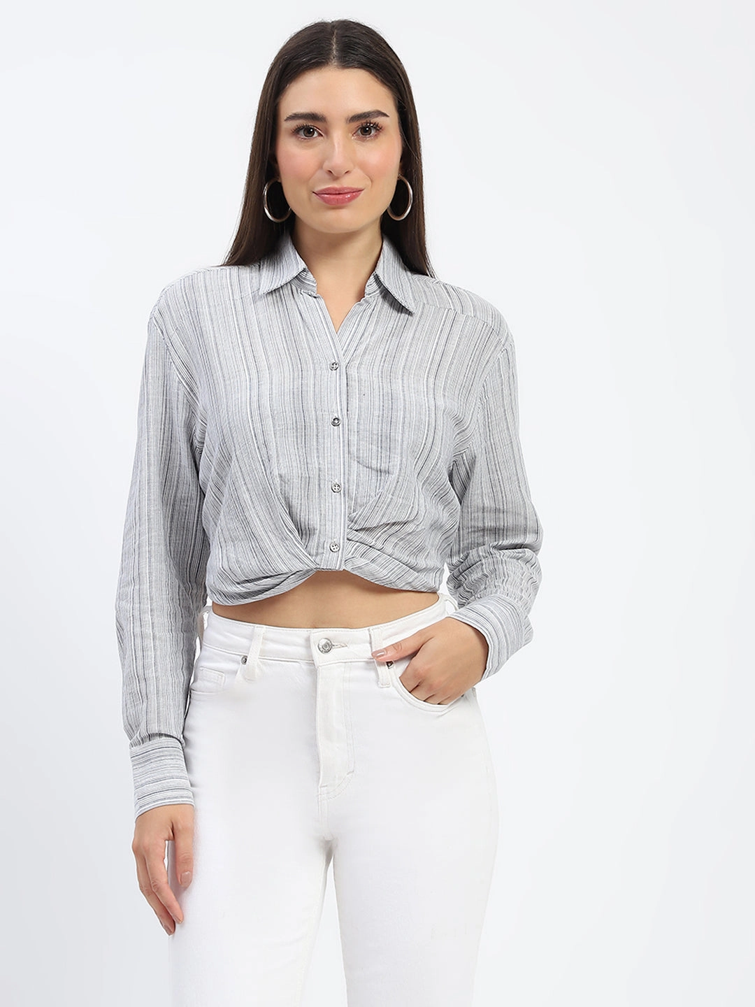 Travel-friendly Madame Striped Overlap Detailing Off White Shirt