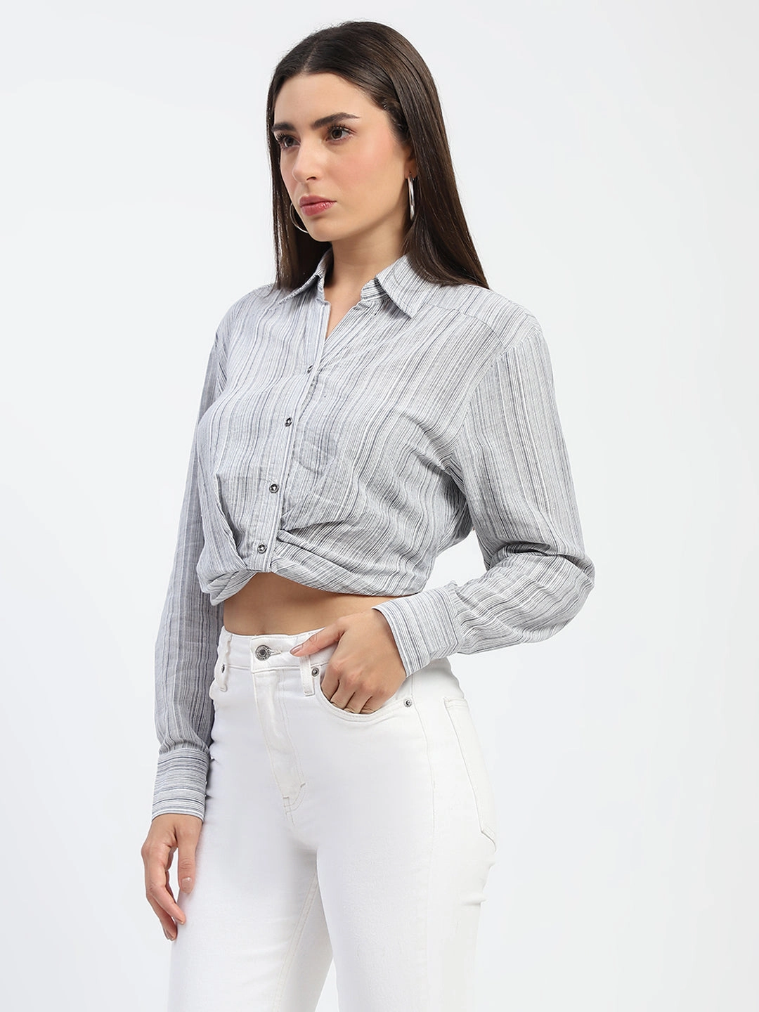 Madame Striped Overlap Detailing Off White Shirt Sleek Silhouette